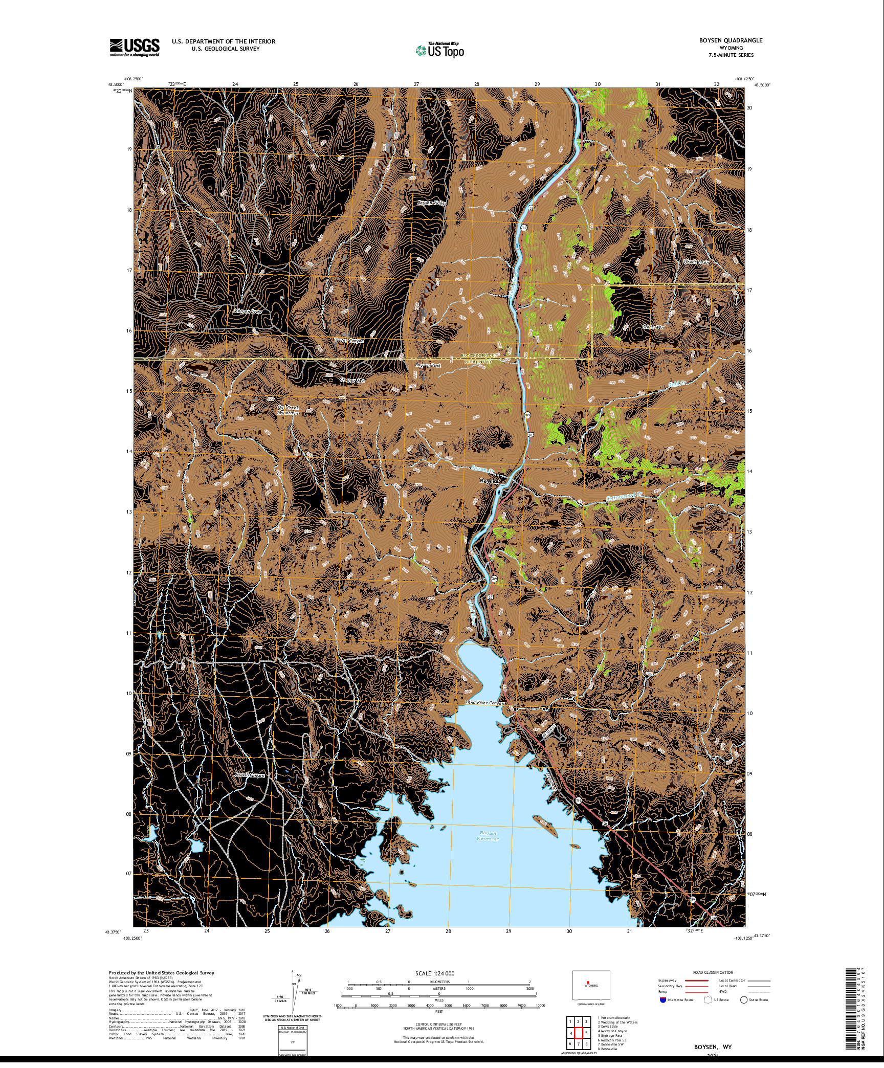 USGS US TOPO 7.5-MINUTE MAP FOR BOYSEN, WY 2021
