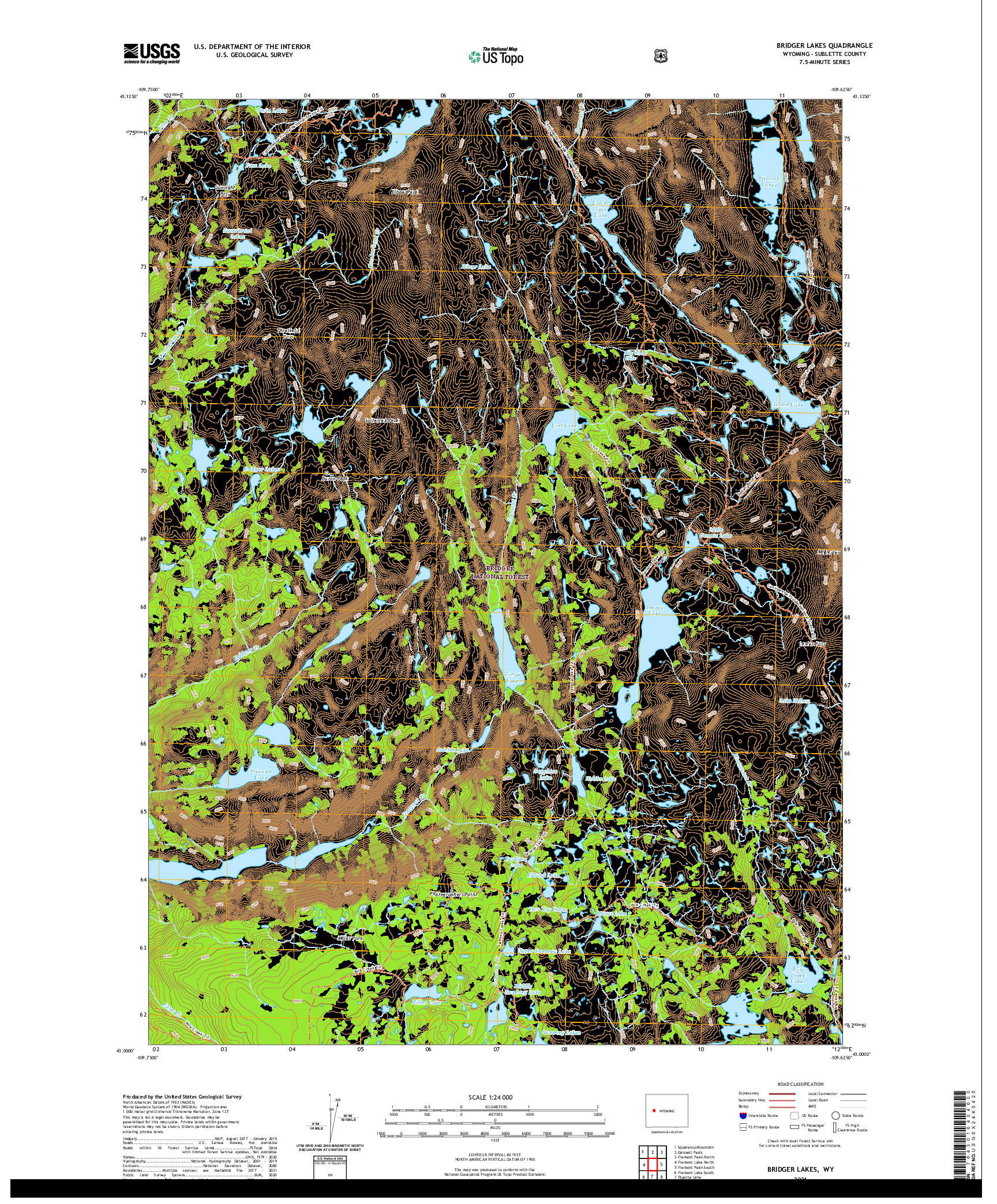 USGS US TOPO 7.5-MINUTE MAP FOR BRIDGER LAKES, WY 2021