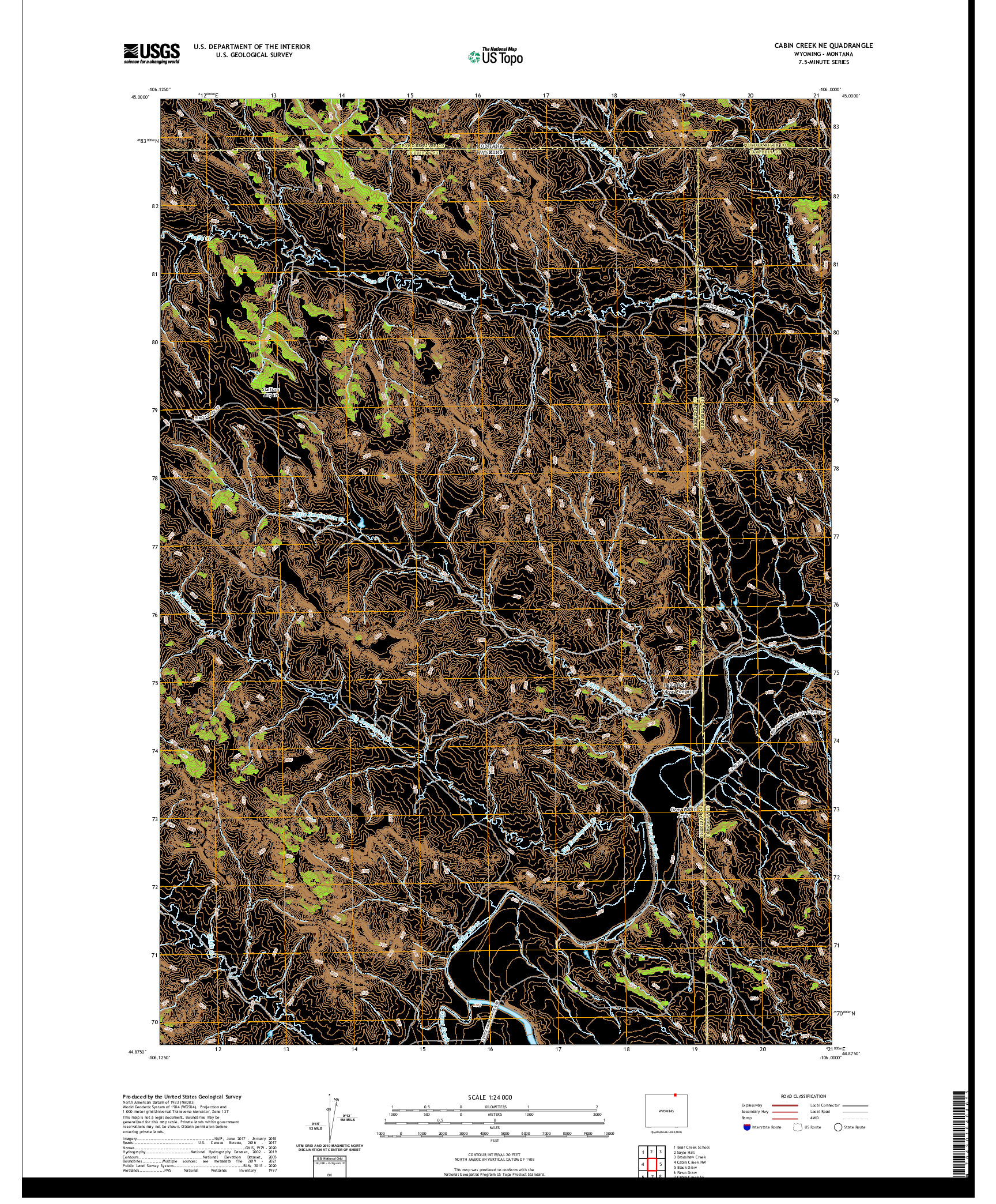 USGS US TOPO 7.5-MINUTE MAP FOR CABIN CREEK NE, WY,MT 2021