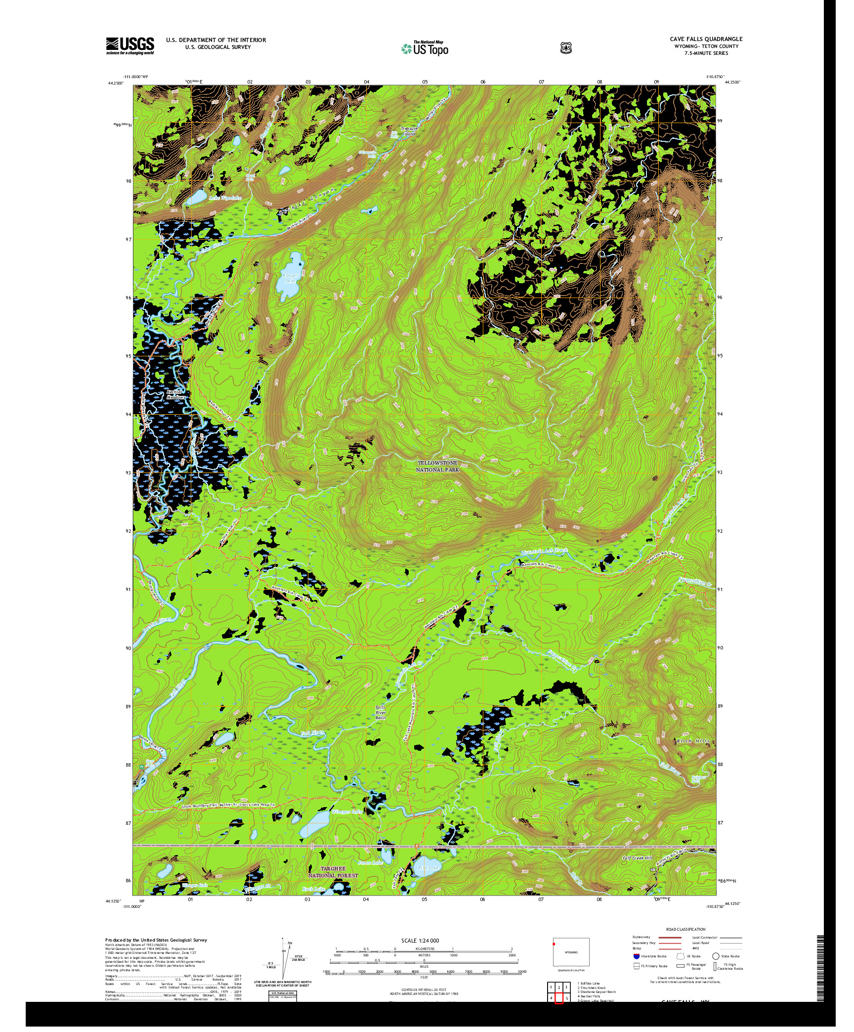 USGS US TOPO 7.5-MINUTE MAP FOR CAVE FALLS, WY 2021