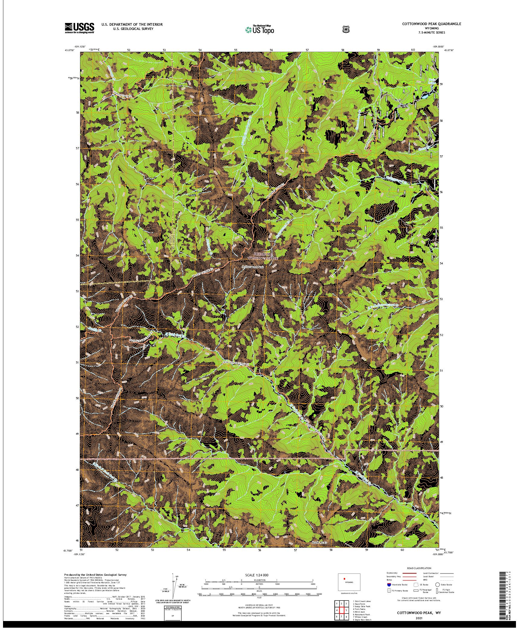 USGS US TOPO 7.5-MINUTE MAP FOR COTTONWOOD PEAK, WY 2021