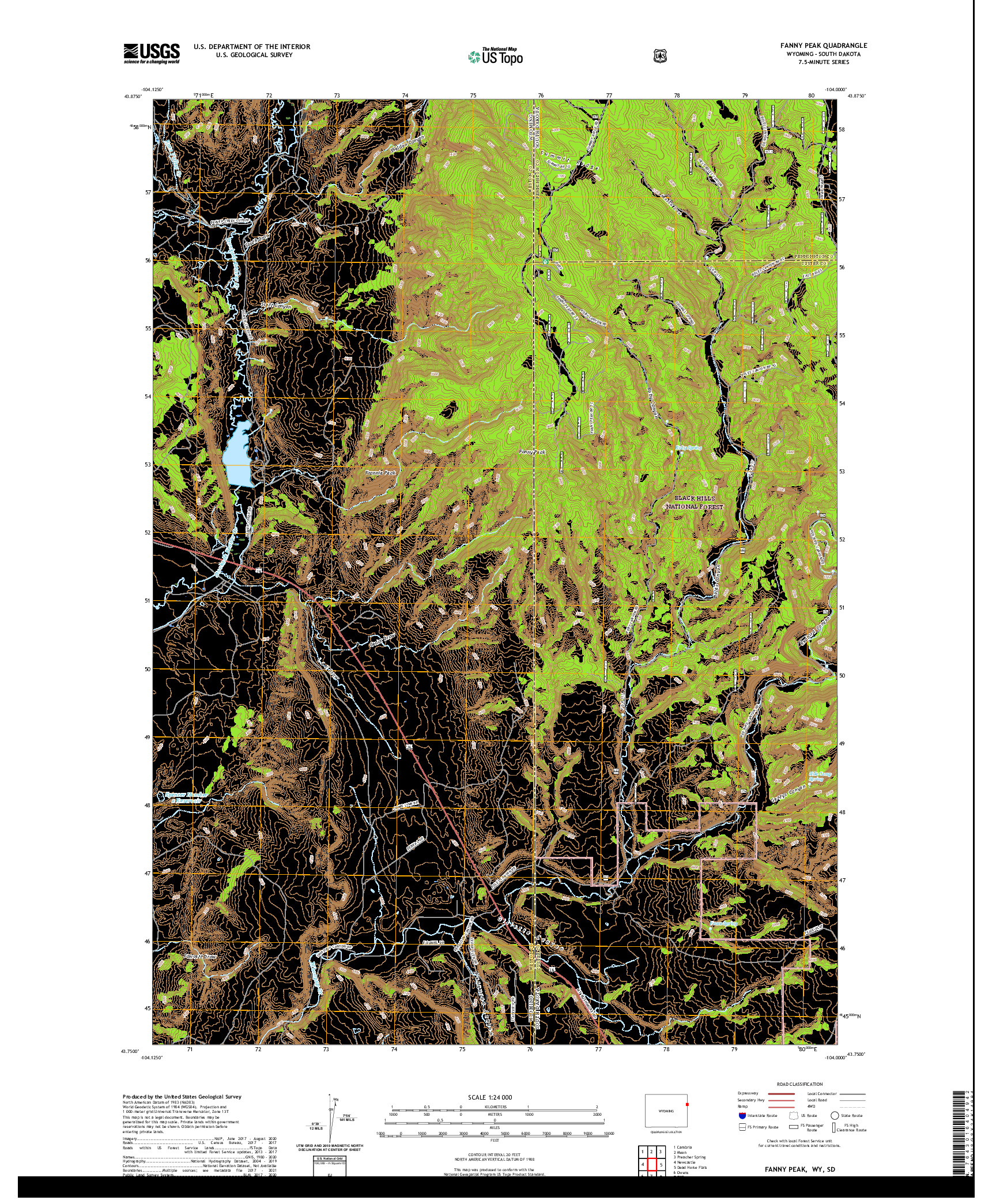 USGS US TOPO 7.5-MINUTE MAP FOR FANNY PEAK, WY,SD 2021