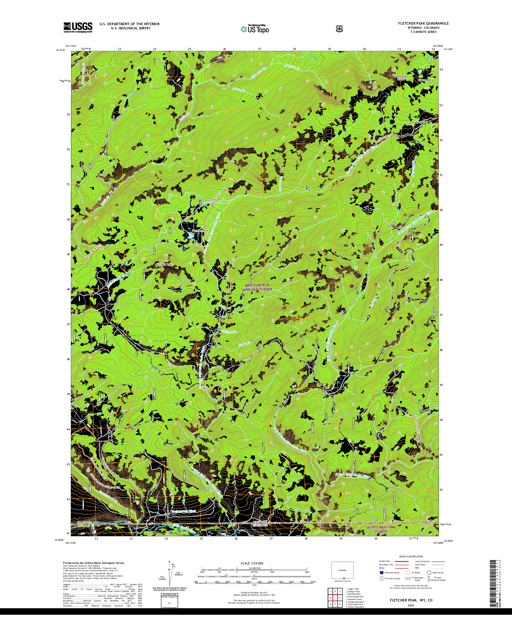 USGS US TOPO 7.5-MINUTE MAP FOR FLETCHER PEAK, WY,CO 2021