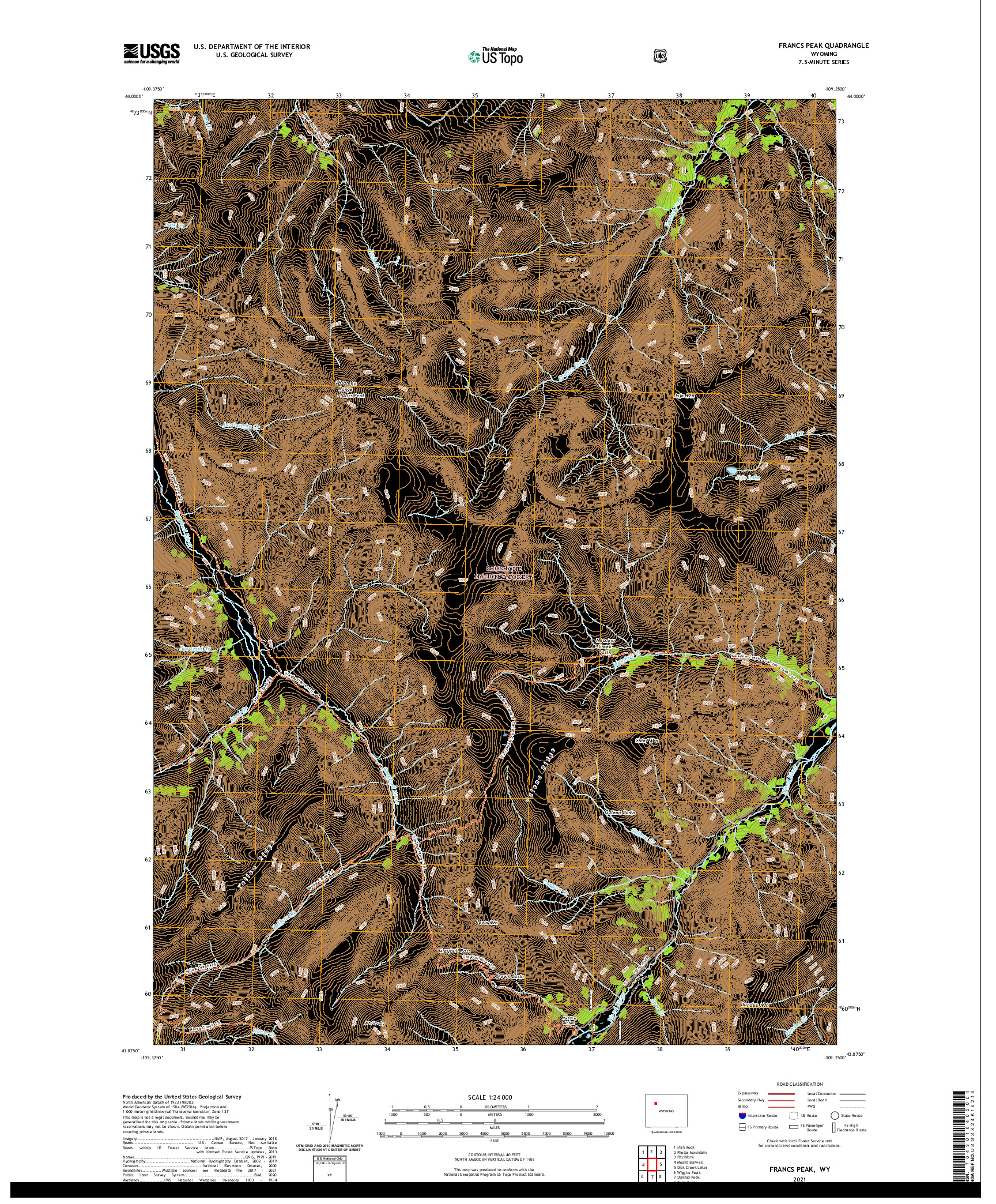 USGS US TOPO 7.5-MINUTE MAP FOR FRANCS PEAK, WY 2021