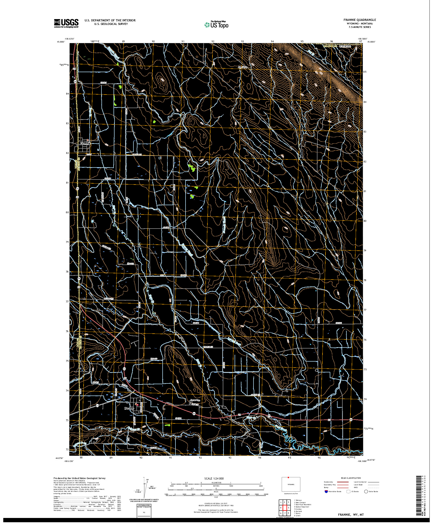 USGS US TOPO 7.5-MINUTE MAP FOR FRANNIE, WY,MT 2021