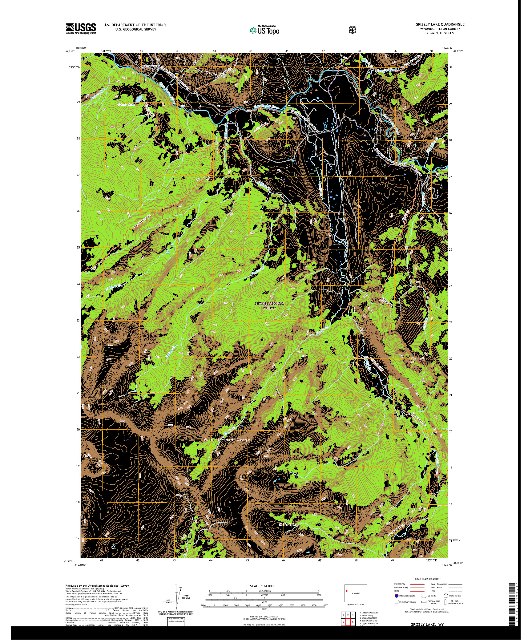 USGS US TOPO 7.5-MINUTE MAP FOR GRIZZLY LAKE, WY 2021