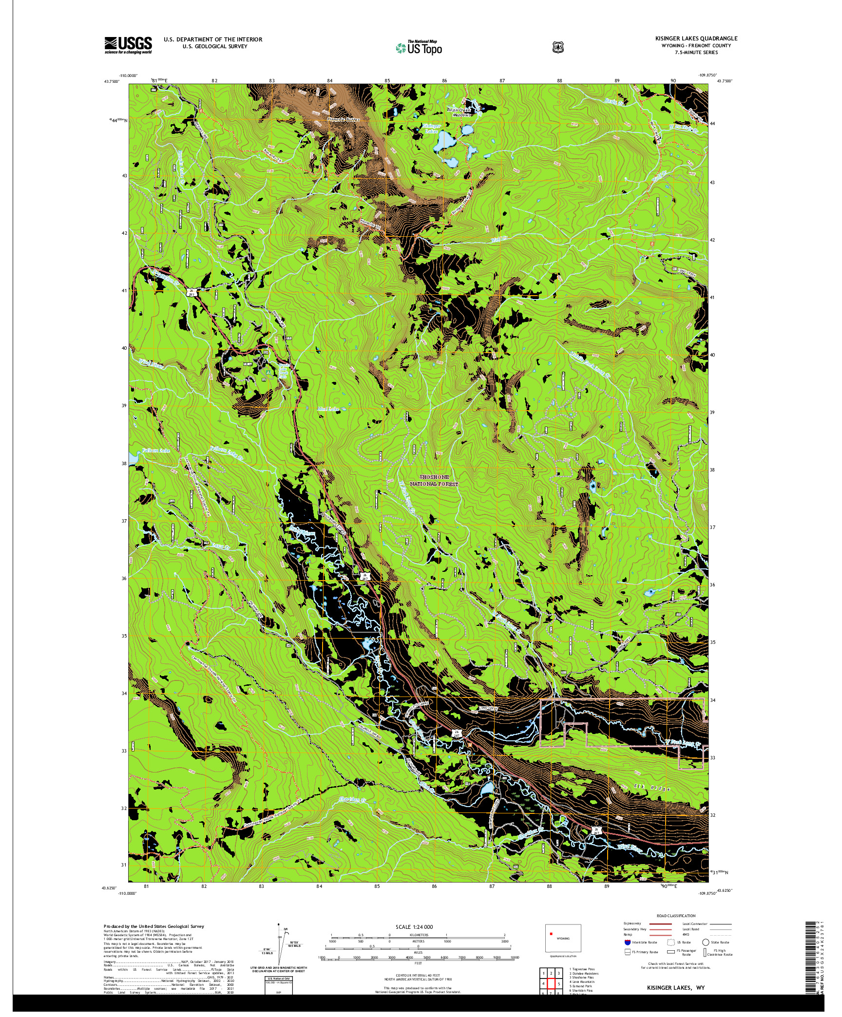 USGS US TOPO 7.5-MINUTE MAP FOR KISINGER LAKES, WY 2021