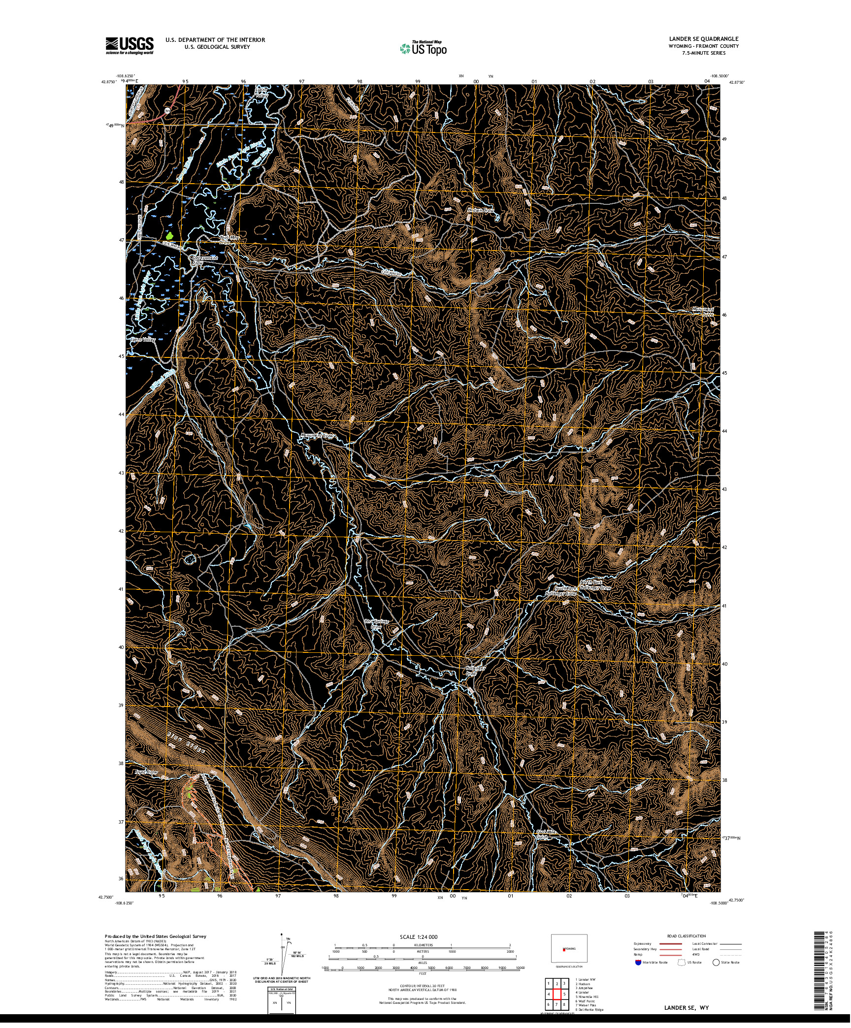 USGS US TOPO 7.5-MINUTE MAP FOR LANDER SE, WY 2021