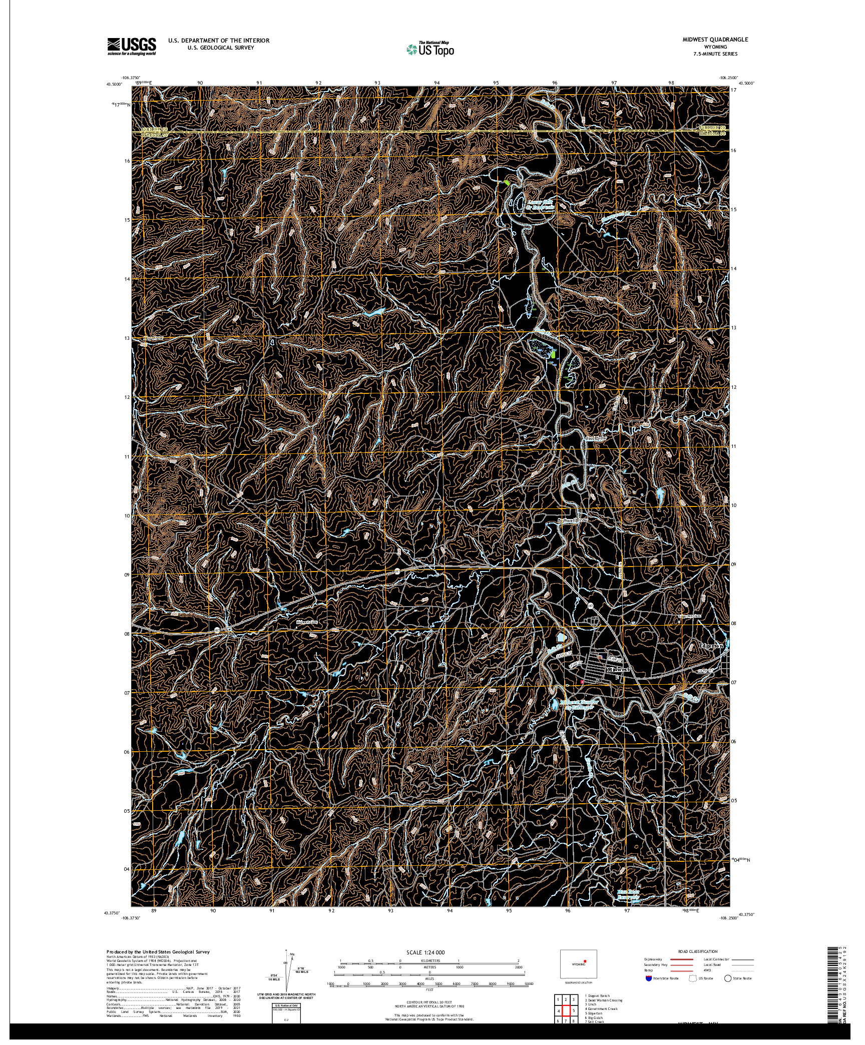 USGS US TOPO 7.5-MINUTE MAP FOR MIDWEST, WY 2021