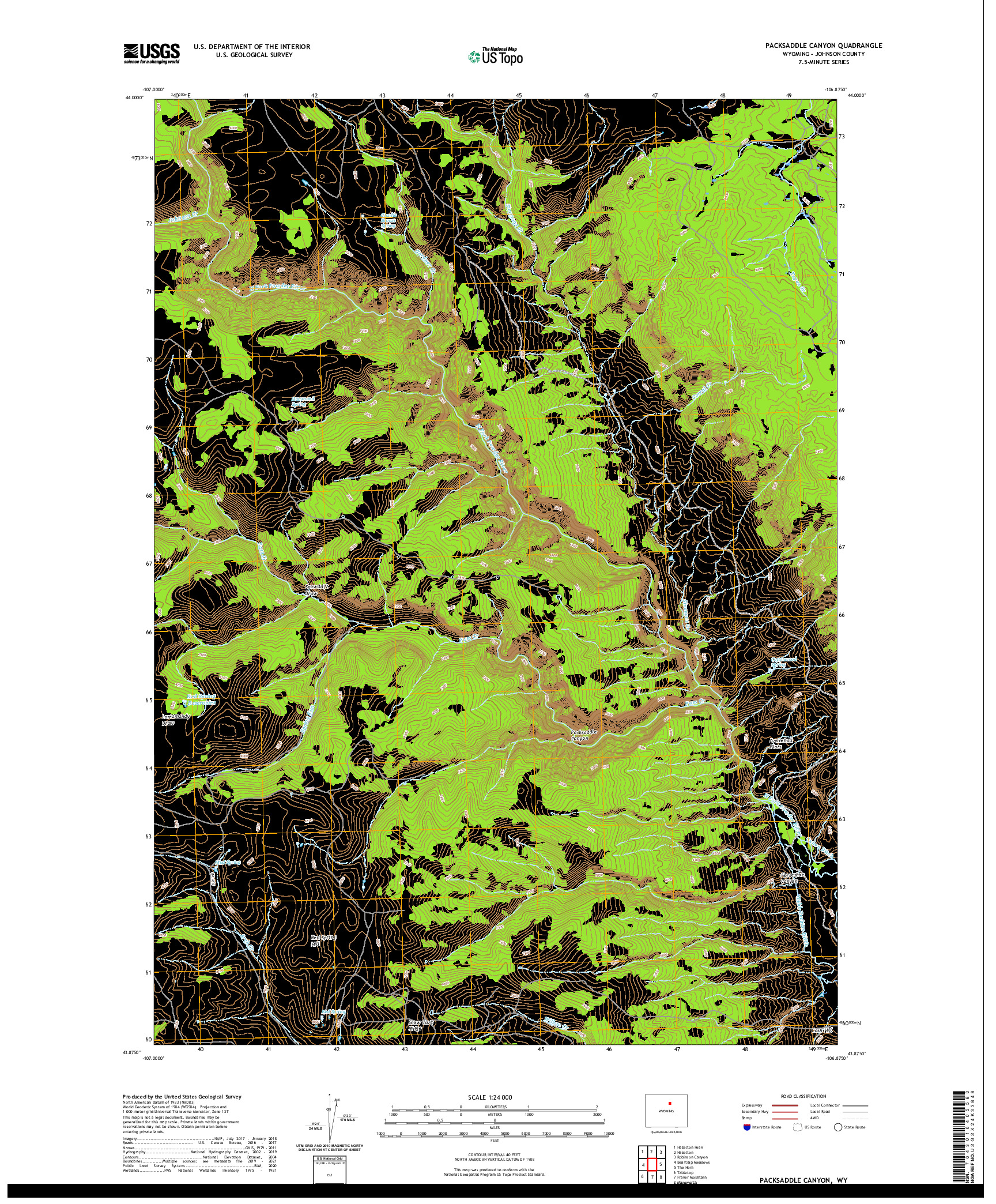 USGS US TOPO 7.5-MINUTE MAP FOR PACKSADDLE CANYON, WY 2021