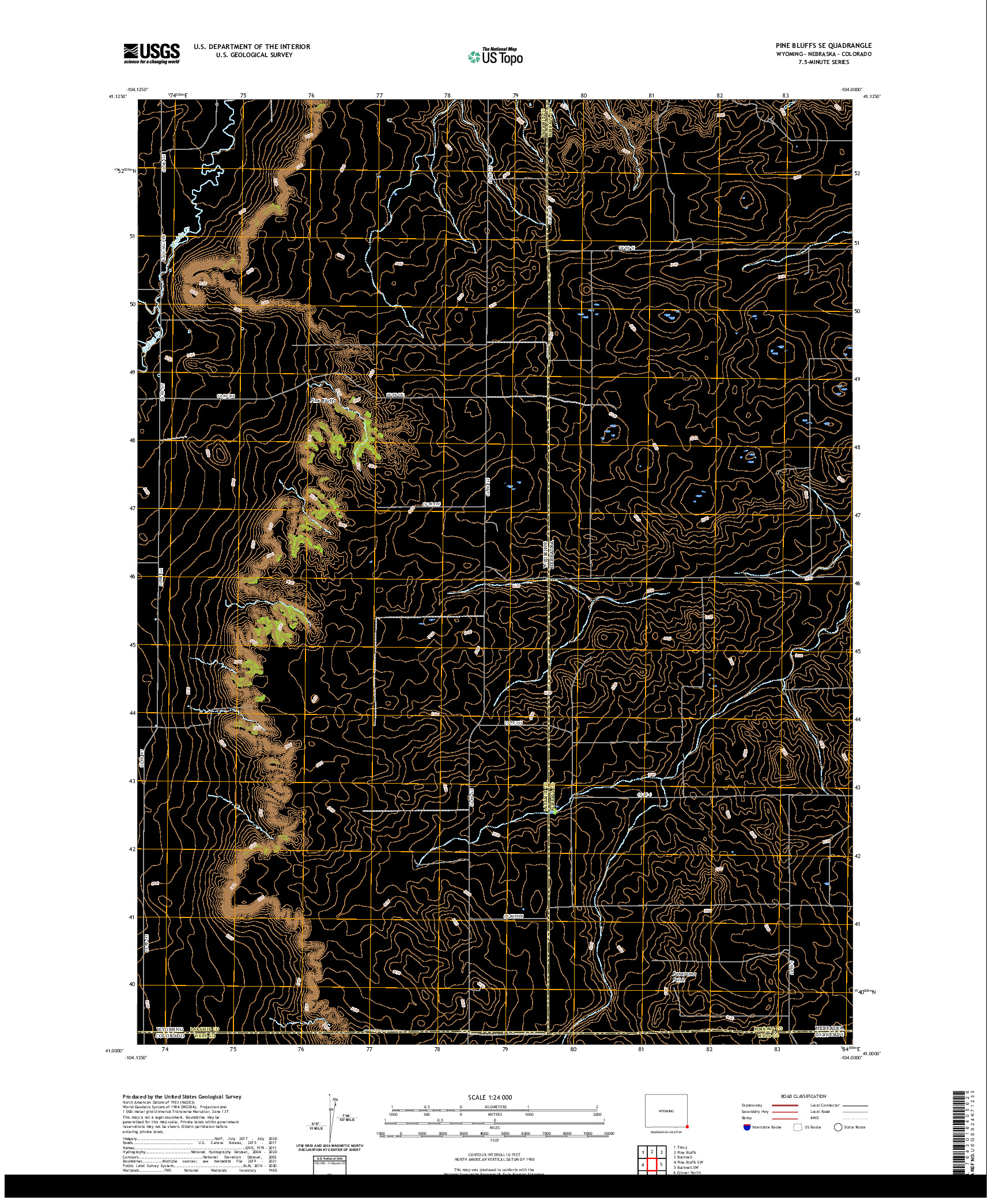 USGS US TOPO 7.5-MINUTE MAP FOR PINE BLUFFS SE, WY,NE,CO 2021