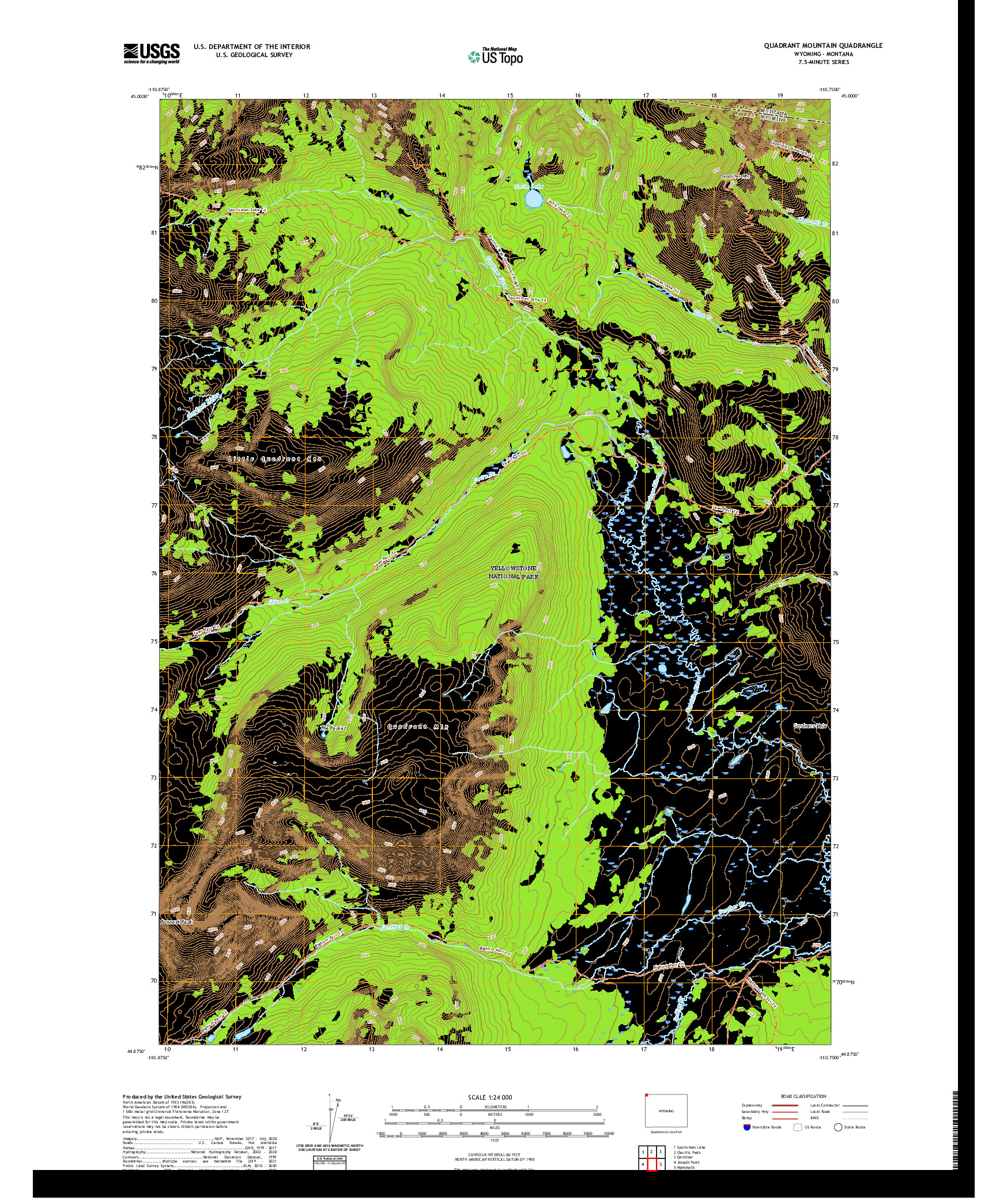 USGS US TOPO 7.5-MINUTE MAP FOR QUADRANT MOUNTAIN, WY,MT 2021