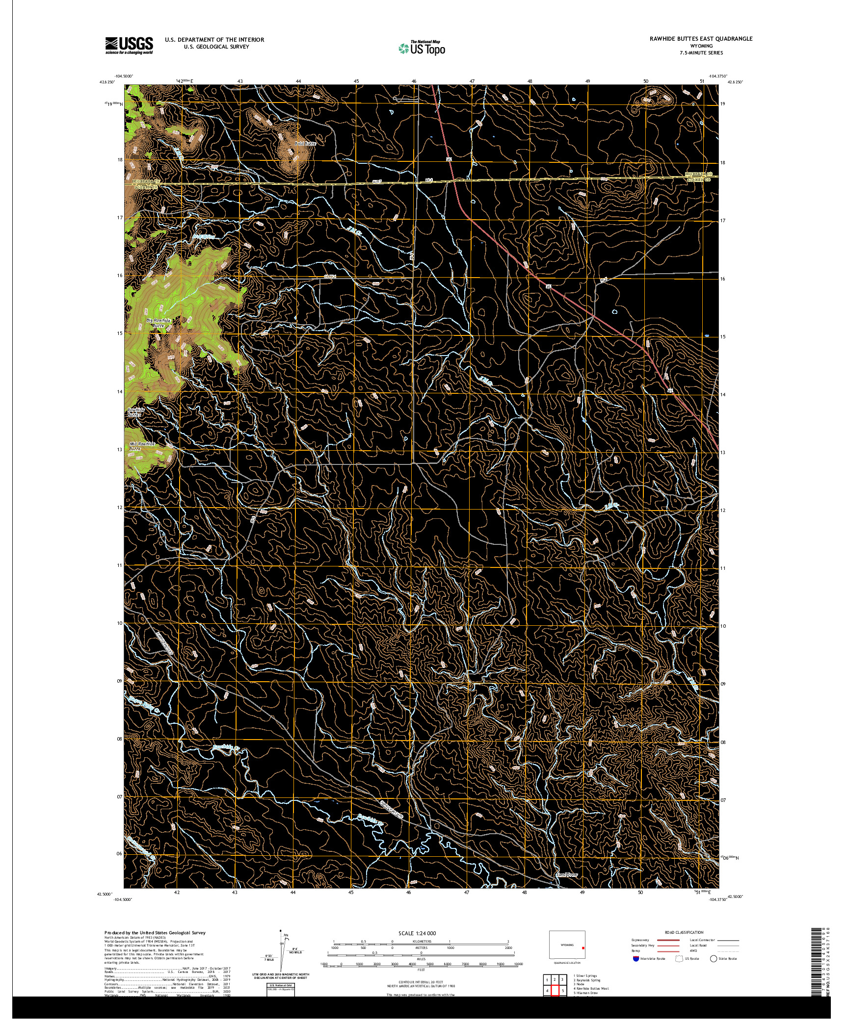 USGS US TOPO 7.5-MINUTE MAP FOR RAWHIDE BUTTES EAST, WY 2021