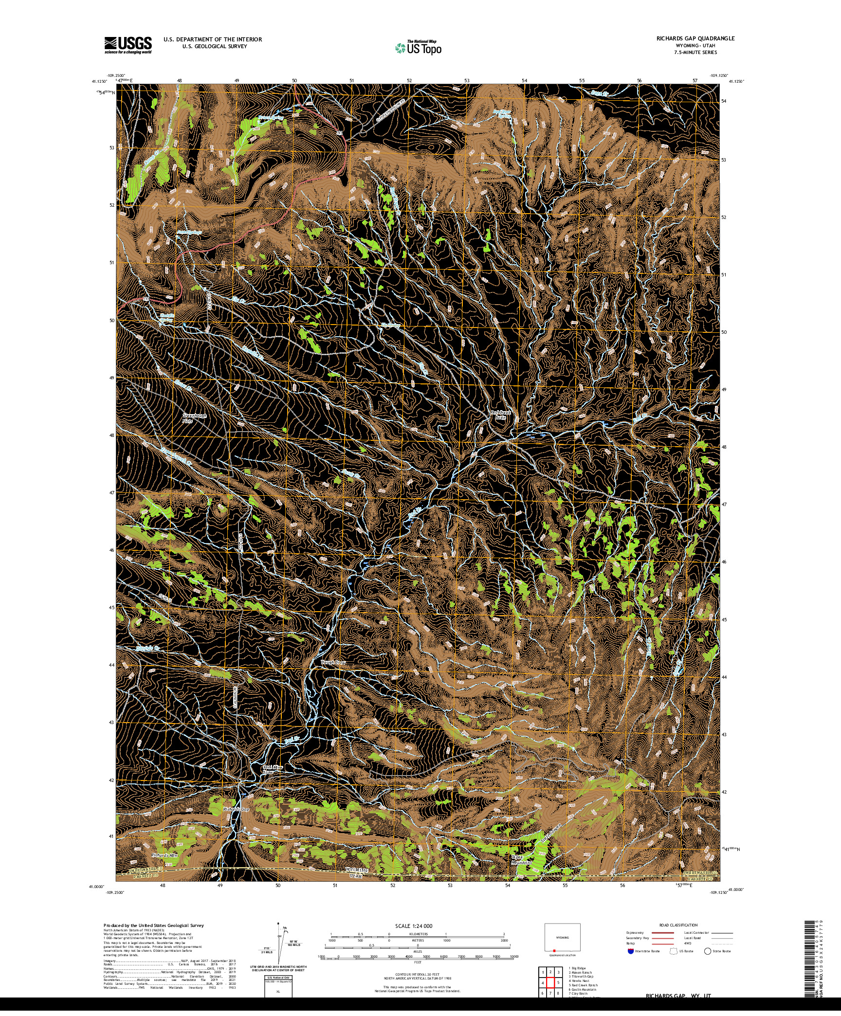 USGS US TOPO 7.5-MINUTE MAP FOR RICHARDS GAP, WY,UT 2021