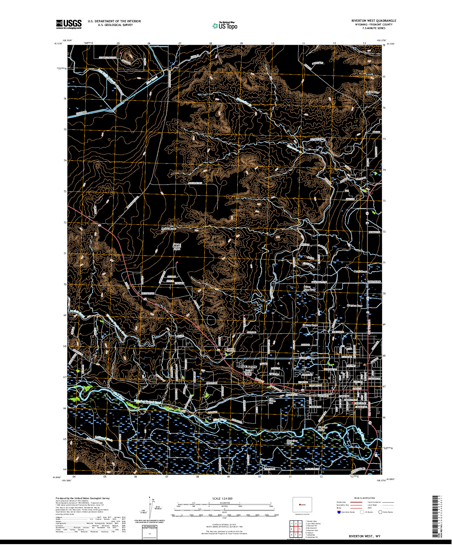 USGS US TOPO 7.5-MINUTE MAP FOR RIVERTON WEST, WY 2021