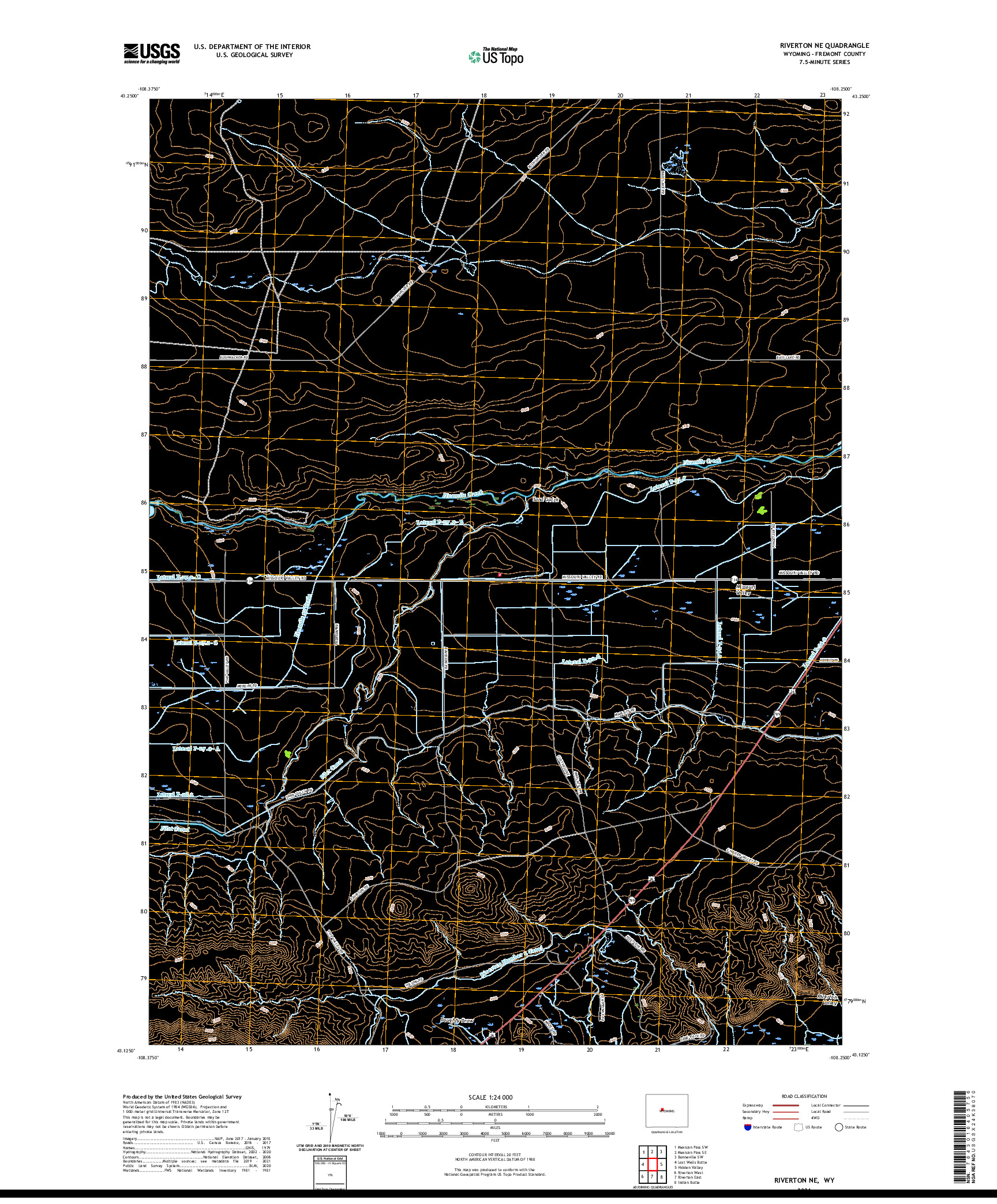 USGS US TOPO 7.5-MINUTE MAP FOR RIVERTON NE, WY 2021