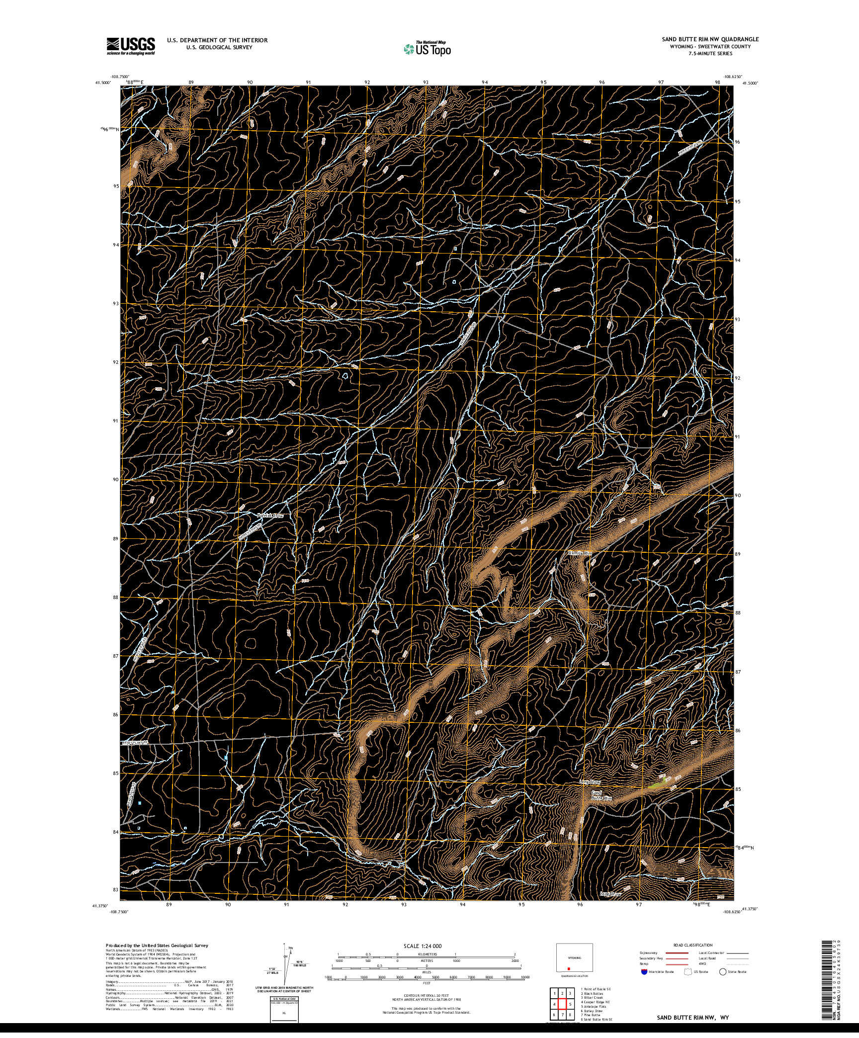 USGS US TOPO 7.5-MINUTE MAP FOR SAND BUTTE RIM NW, WY 2021