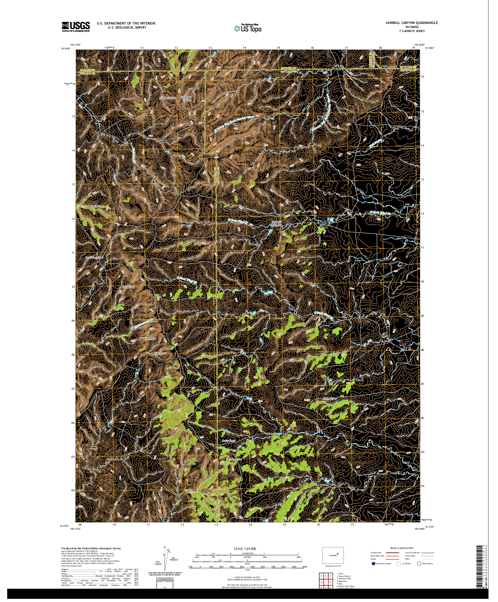 USGS US TOPO 7.5-MINUTE MAP FOR SAWMILL CANYON, WY 2021
