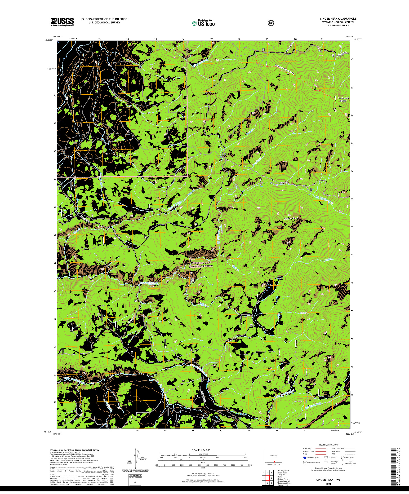 USGS US TOPO 7.5-MINUTE MAP FOR SINGER PEAK, WY 2021