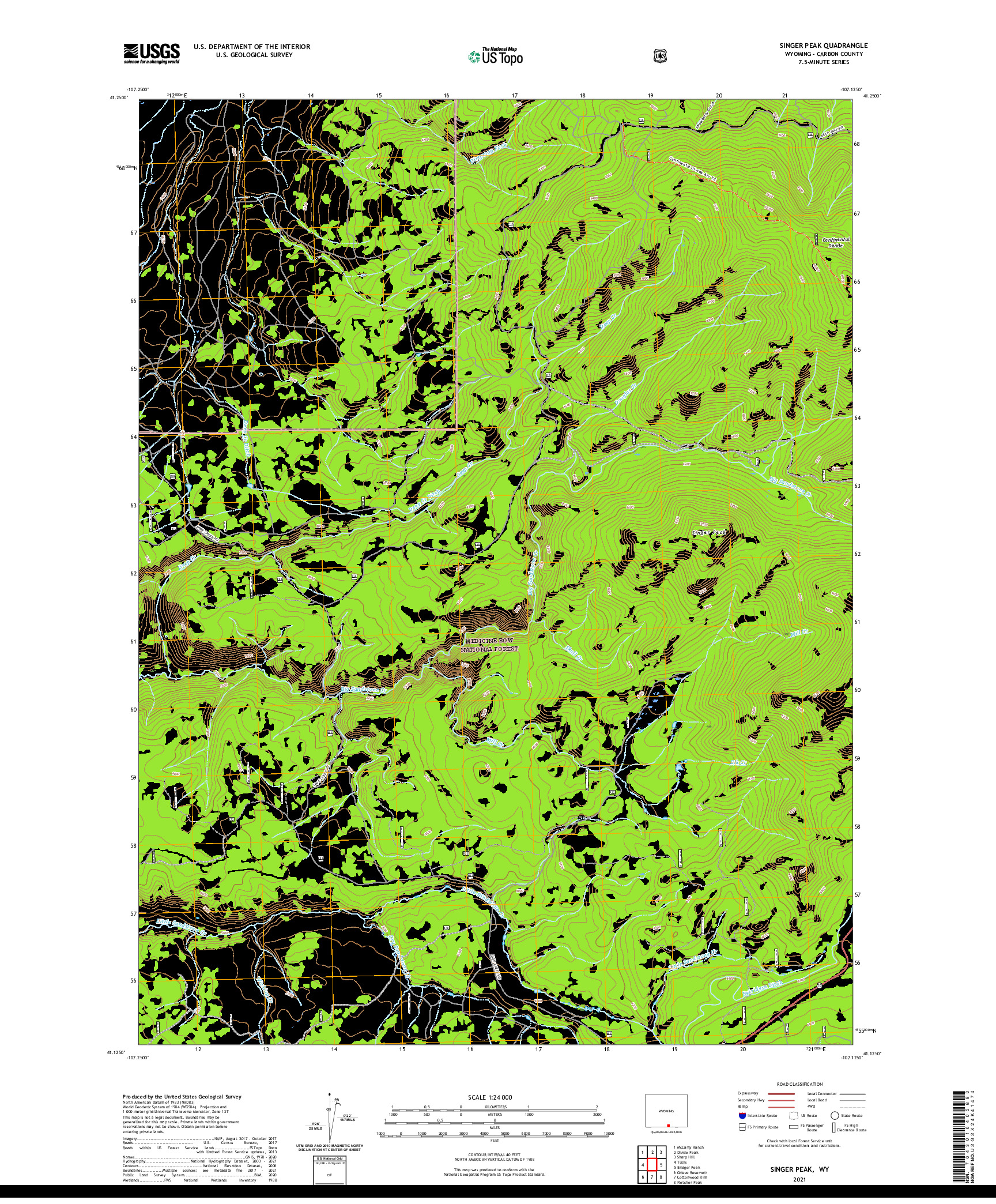 USGS US TOPO 7.5-MINUTE MAP FOR SINGER PEAK, WY 2021