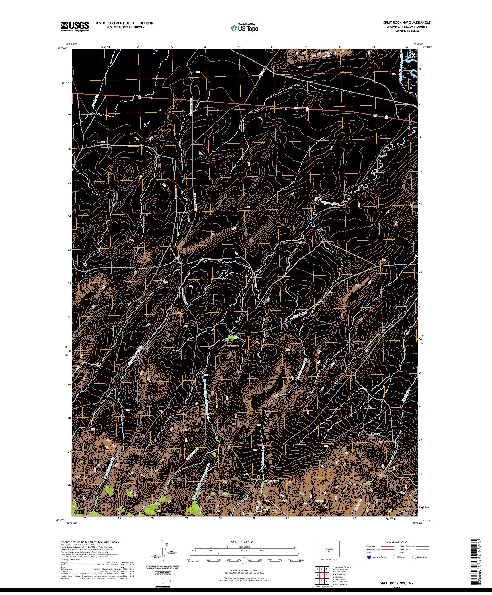 USGS US TOPO 7.5-MINUTE MAP FOR SPLIT ROCK NW, WY 2021