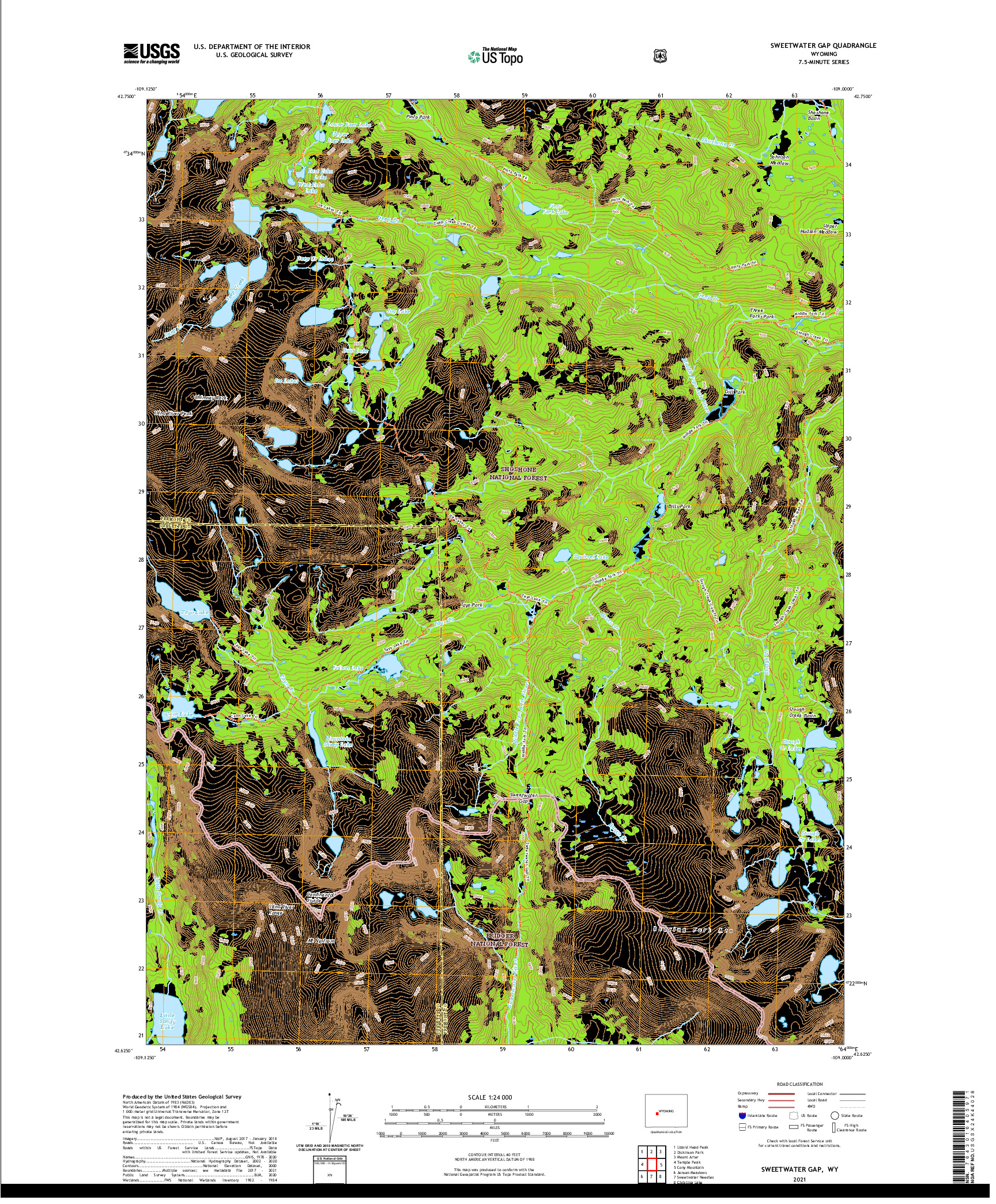 USGS US TOPO 7.5-MINUTE MAP FOR SWEETWATER GAP, WY 2021