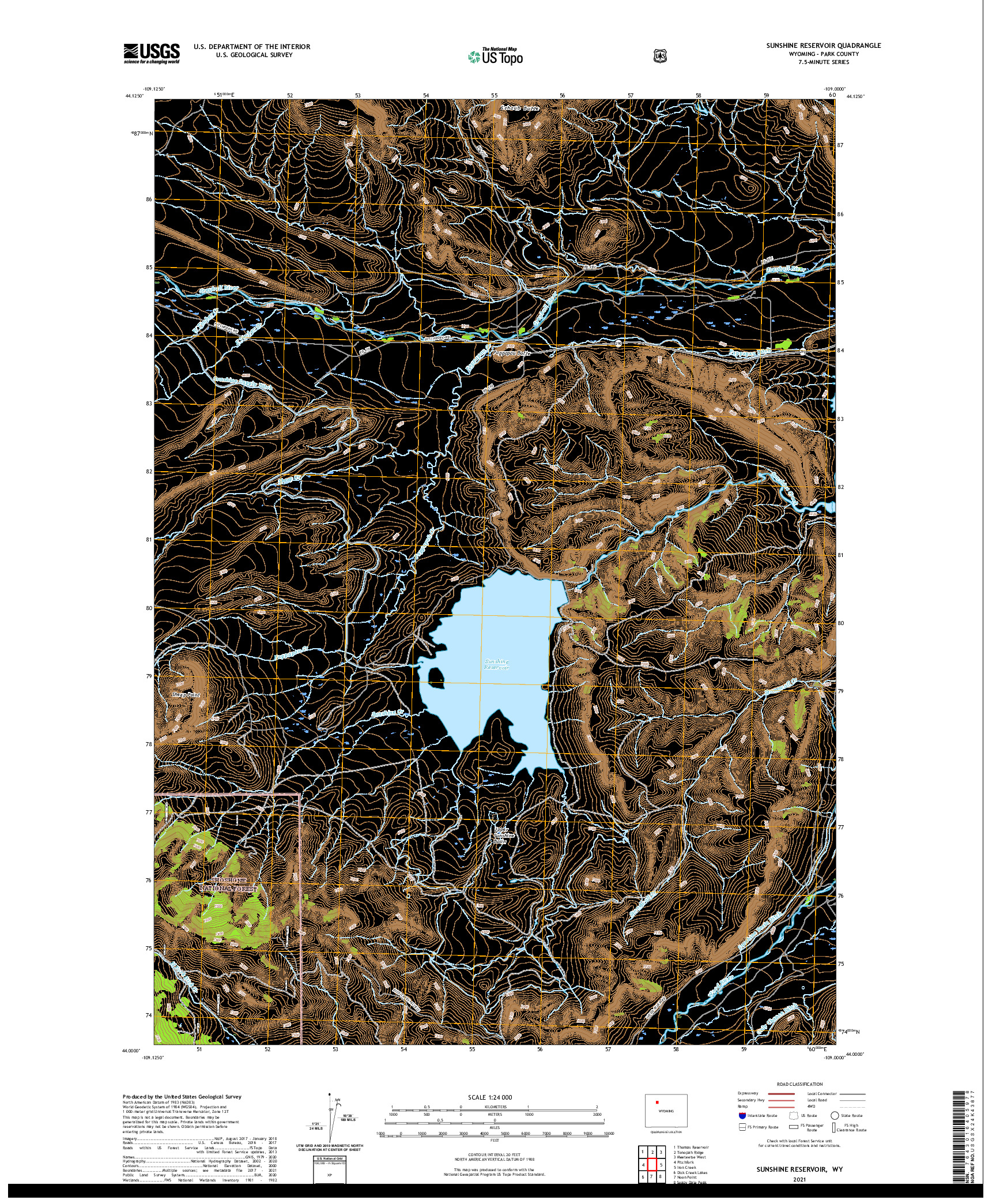 USGS US TOPO 7.5-MINUTE MAP FOR SUNSHINE RESERVOIR, WY 2021