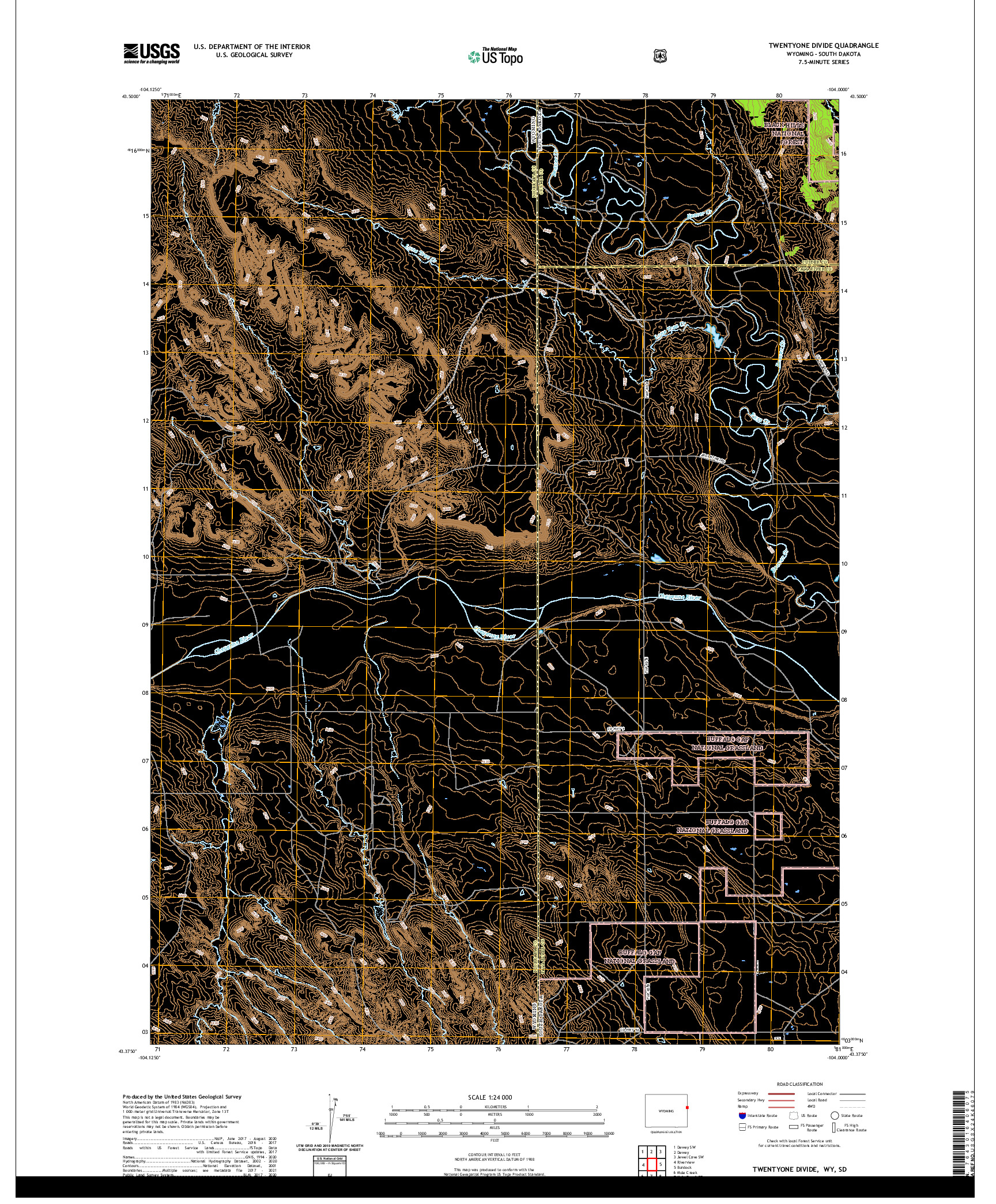 USGS US TOPO 7.5-MINUTE MAP FOR TWENTYONE DIVIDE, WY,SD 2021