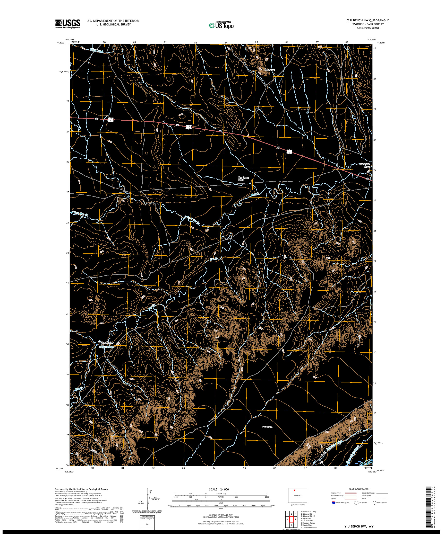 USGS US TOPO 7.5-MINUTE MAP FOR Y U BENCH NW, WY 2021