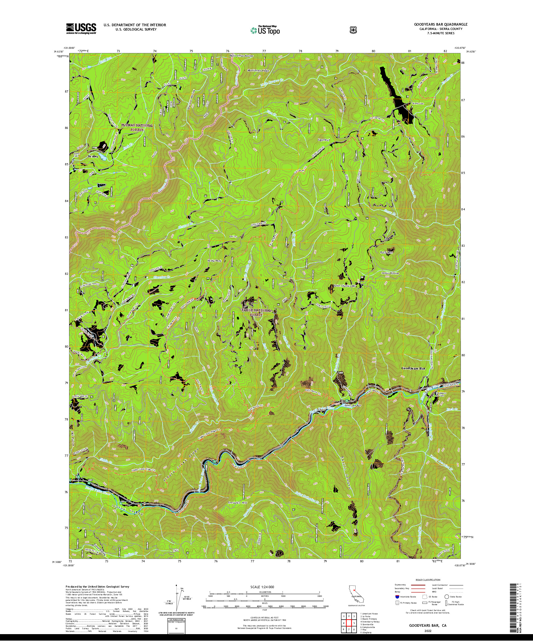 US TOPO 7.5-MINUTE MAP FOR GOODYEARS BAR, CA