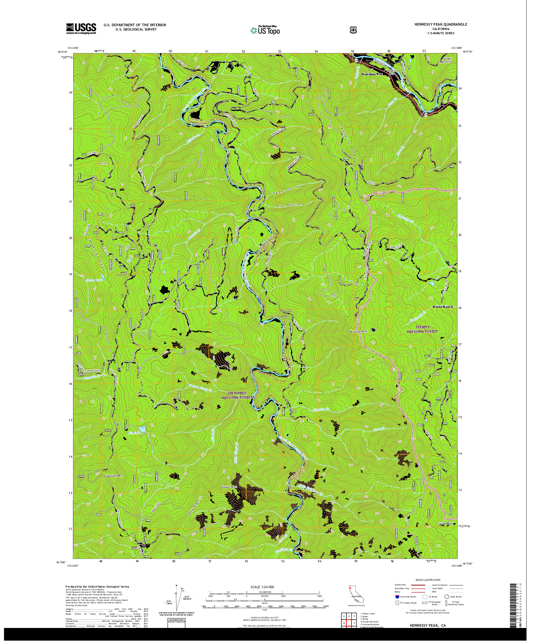 US TOPO 7.5-MINUTE MAP FOR HENNESSY PEAK, CA