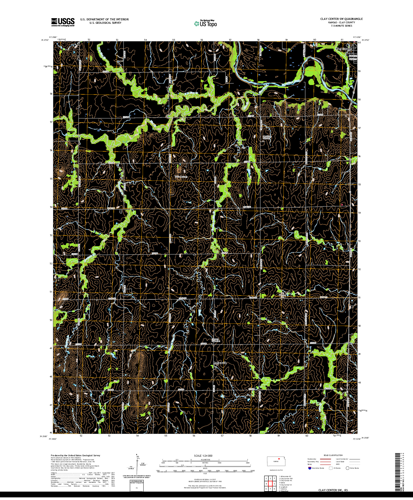 US TOPO 7.5-MINUTE MAP FOR CLAY CENTER SW, KS