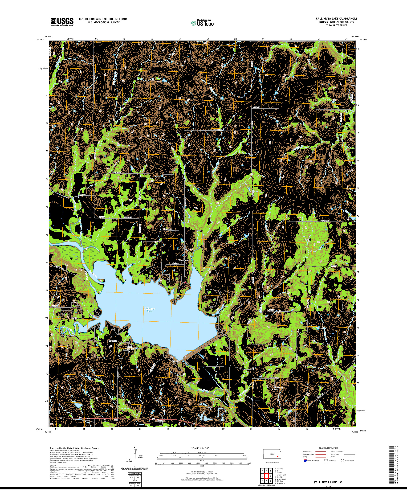 US TOPO 7.5-MINUTE MAP FOR FALL RIVER LAKE, KS