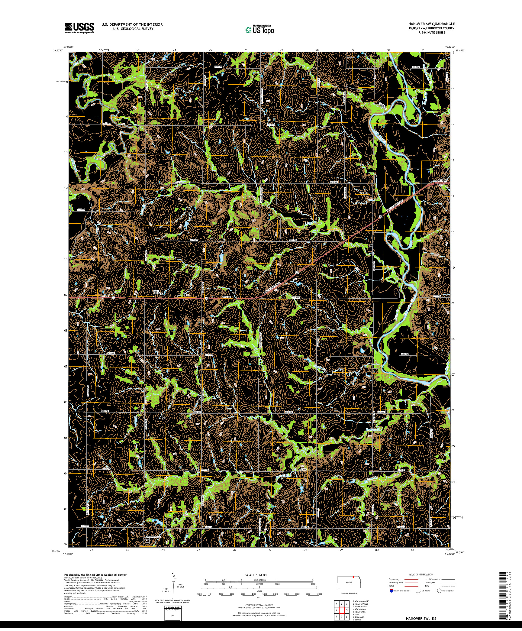 US TOPO 7.5-MINUTE MAP FOR HANOVER SW, KS