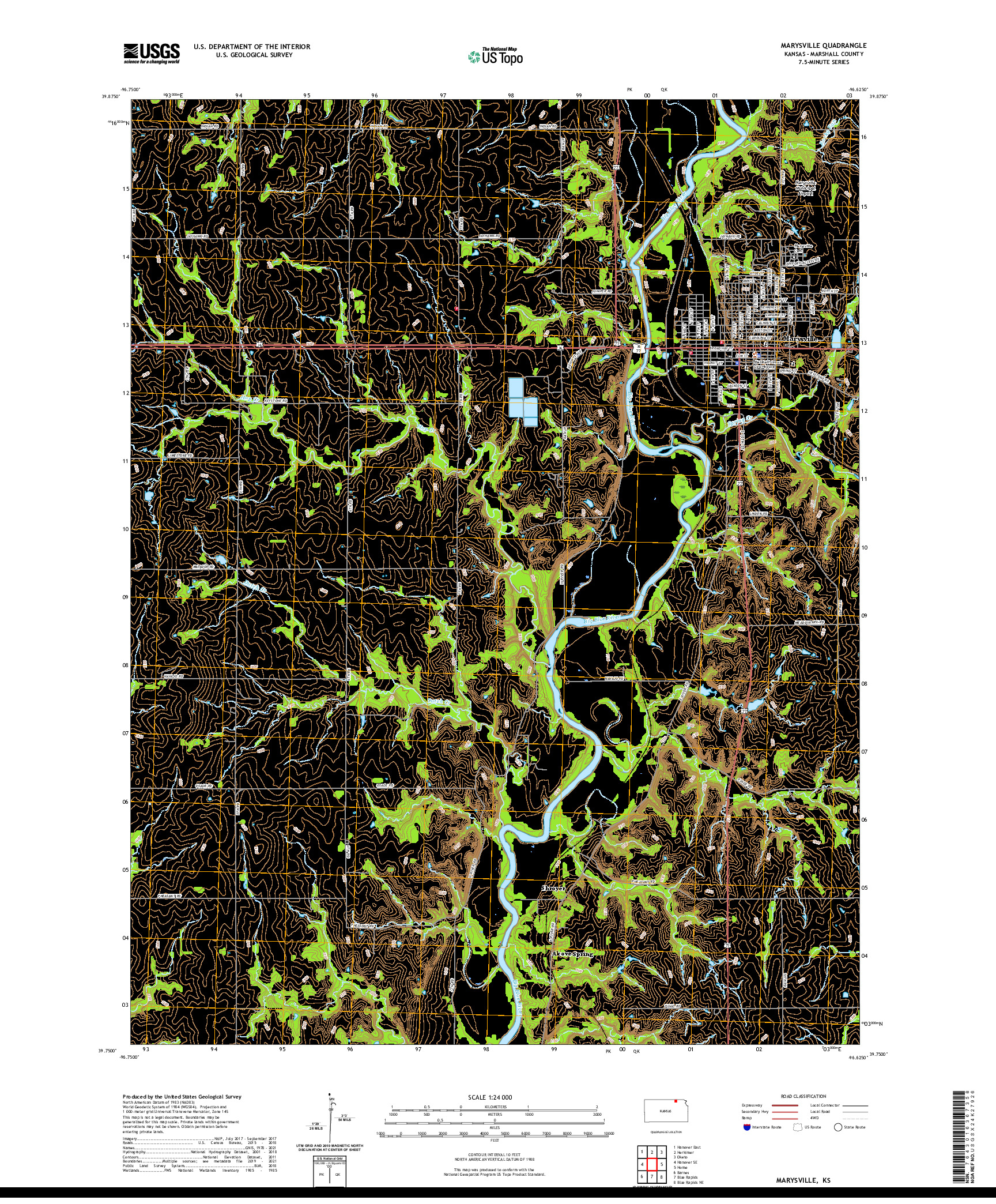 US TOPO 7.5-MINUTE MAP FOR MARYSVILLE, KS