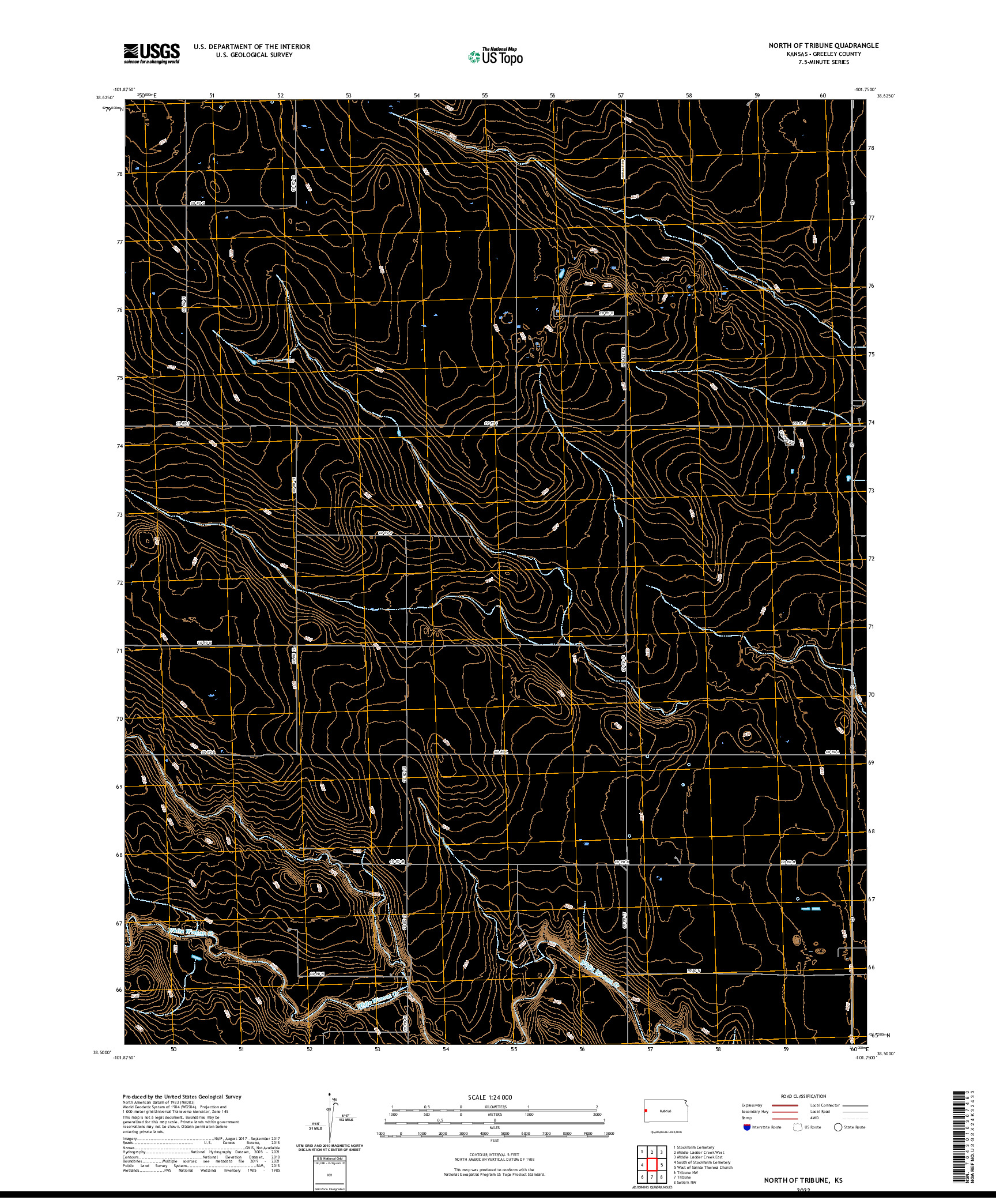 US TOPO 7.5-MINUTE MAP FOR NORTH OF TRIBUNE, KS