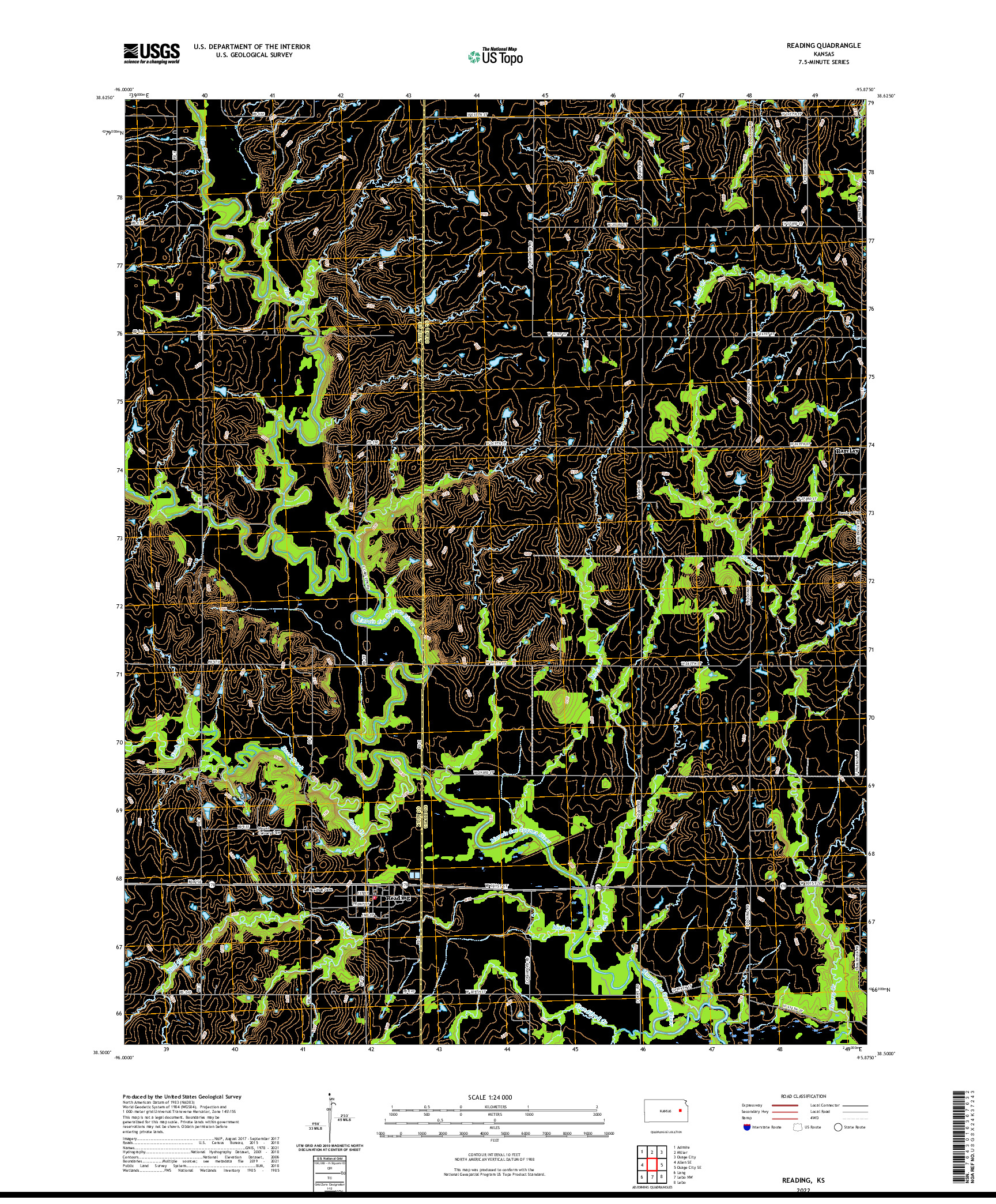 US TOPO 7.5-MINUTE MAP FOR READING, KS