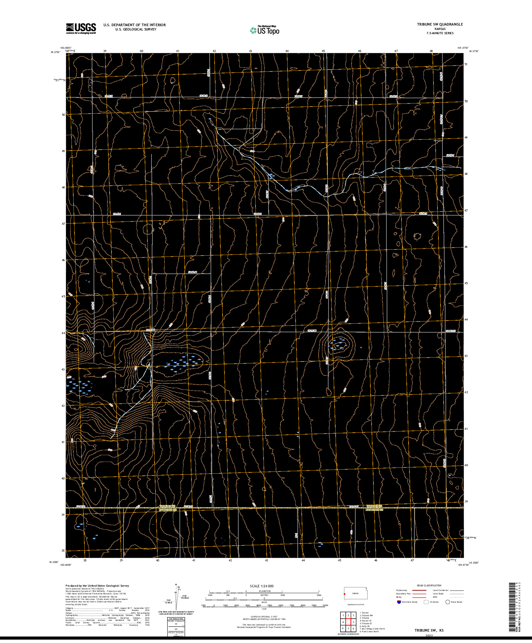 US TOPO 7.5-MINUTE MAP FOR TRIBUNE SW, KS