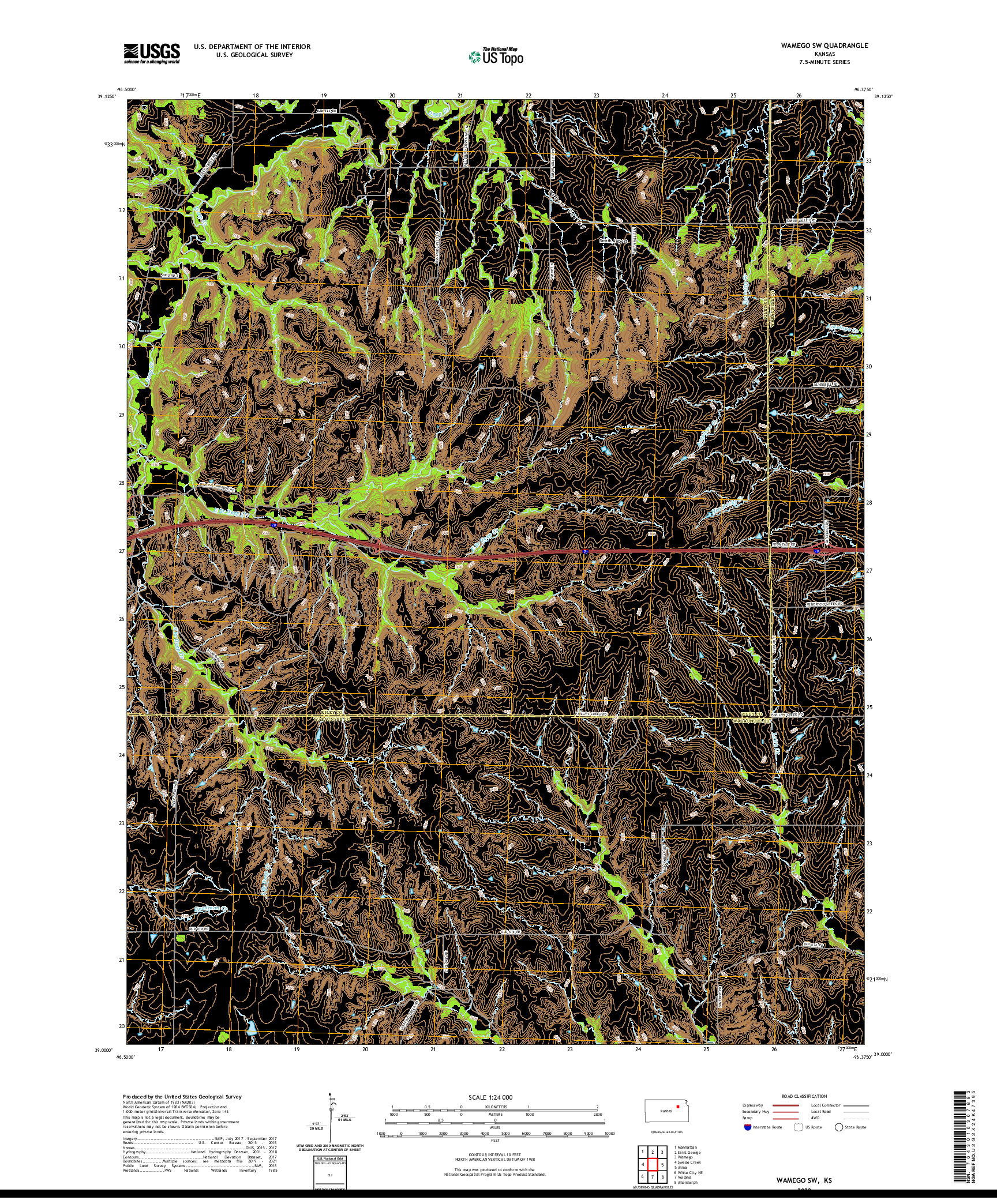 US TOPO 7.5-MINUTE MAP FOR WAMEGO SW, KS