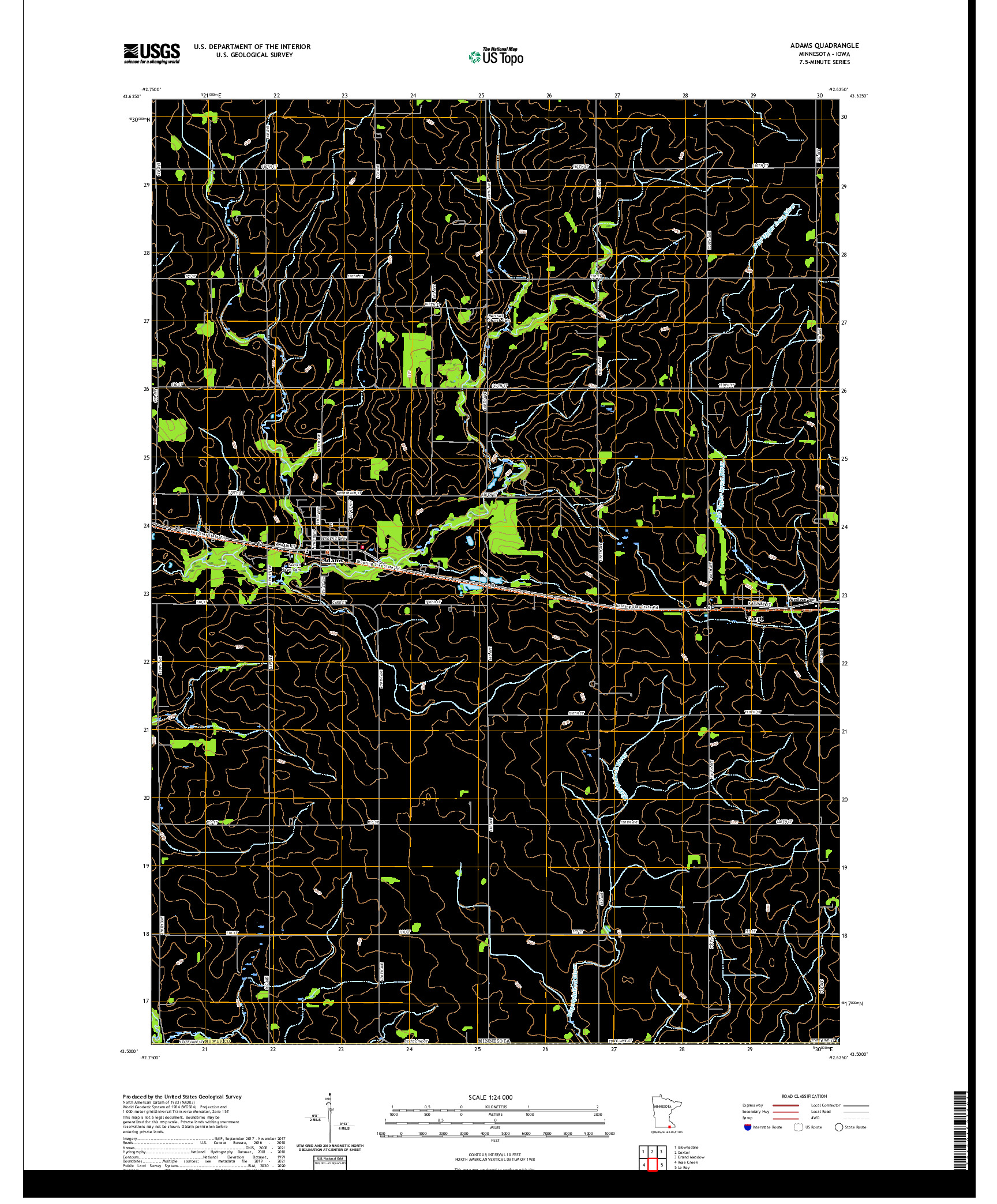 US TOPO 7.5-MINUTE MAP FOR ADAMS, MN,IA