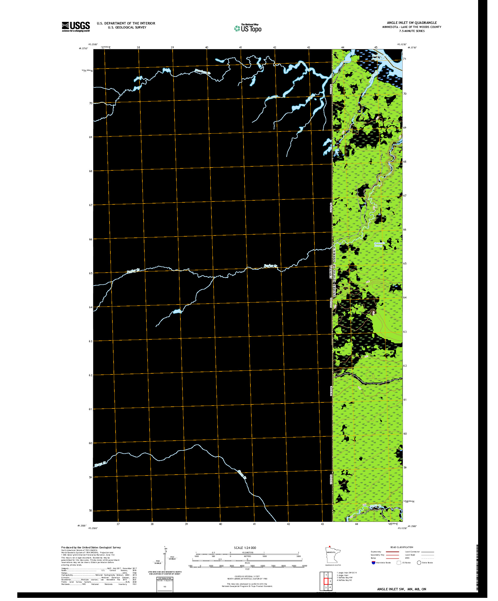 US TOPO 7.5-MINUTE MAP FOR ANGLE INLET SW, MN,MB,ON