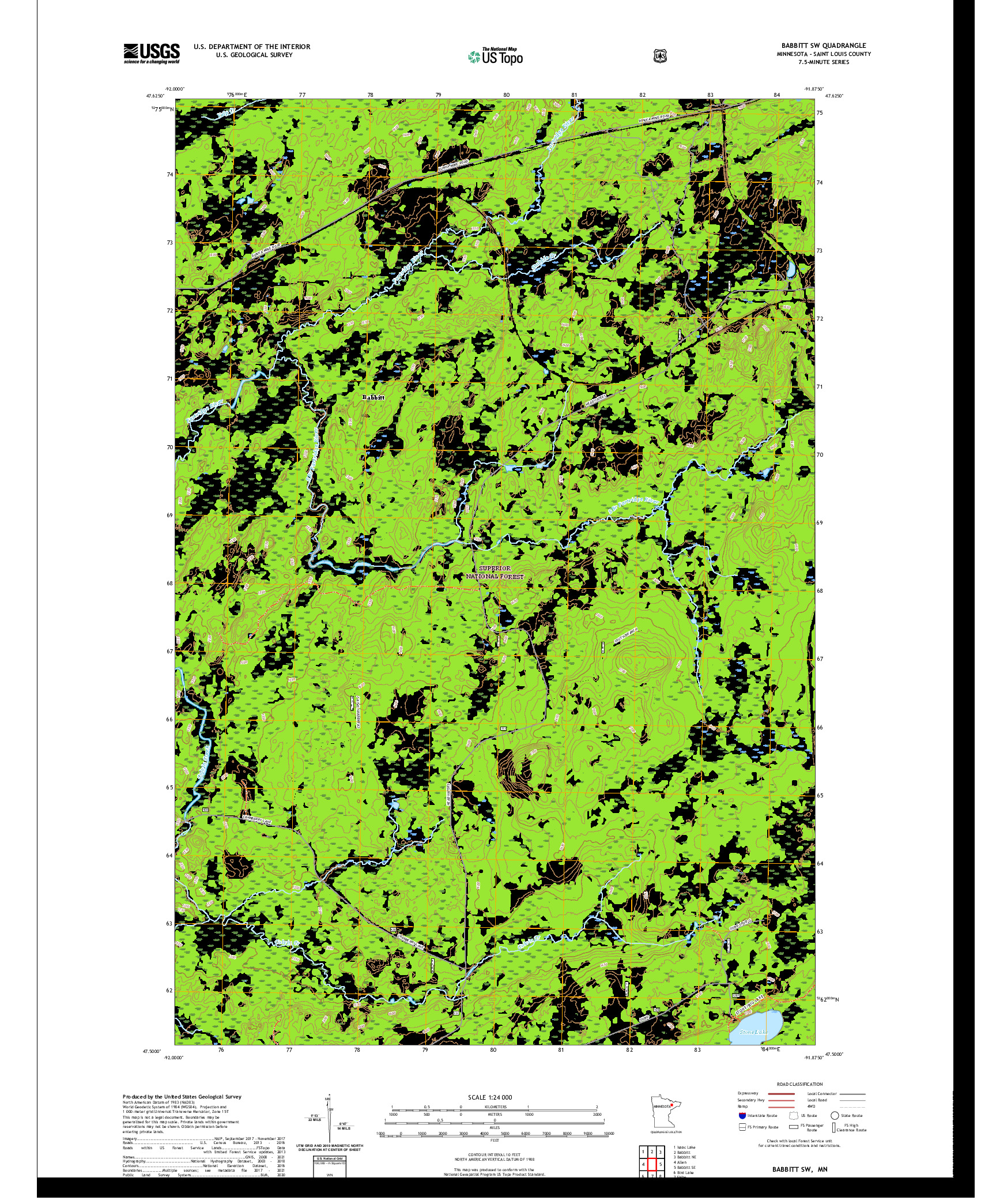 US TOPO 7.5-MINUTE MAP FOR BABBITT SW, MN