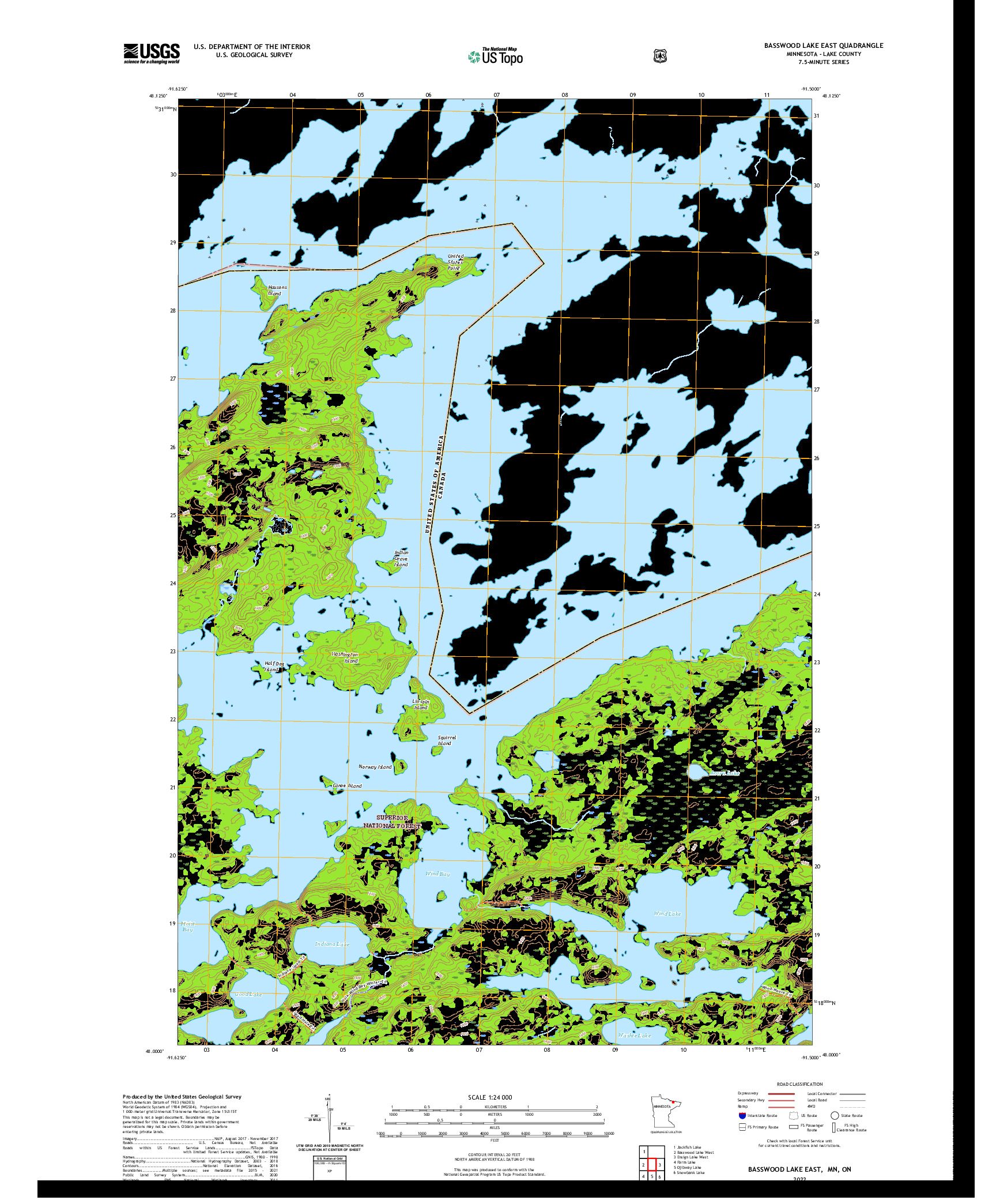 US TOPO 7.5-MINUTE MAP FOR BASSWOOD LAKE EAST, MN,ON