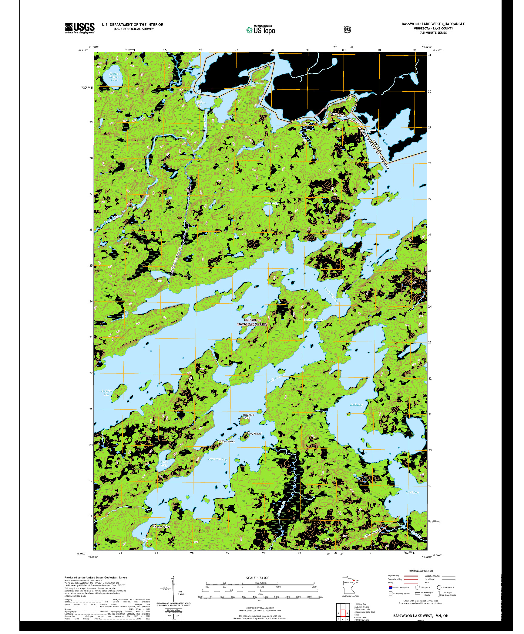 US TOPO 7.5-MINUTE MAP FOR BASSWOOD LAKE WEST, MN,ON