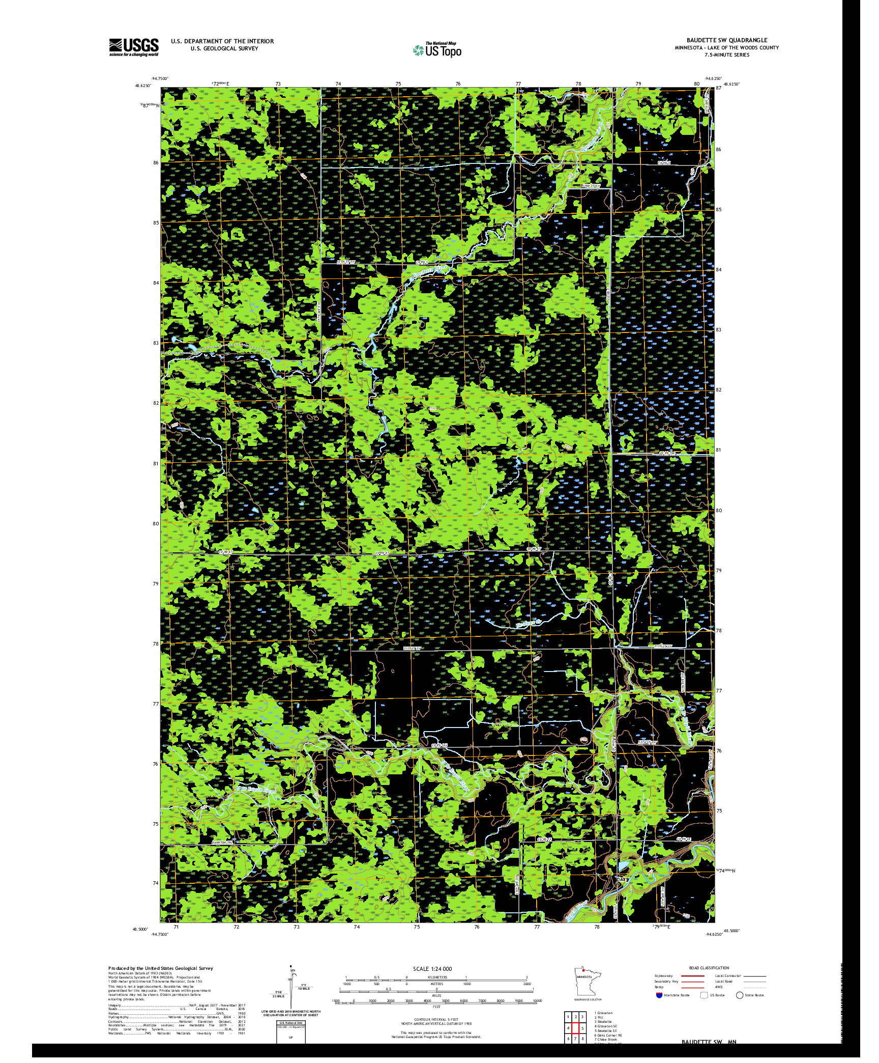 US TOPO 7.5-MINUTE MAP FOR BAUDETTE SW, MN