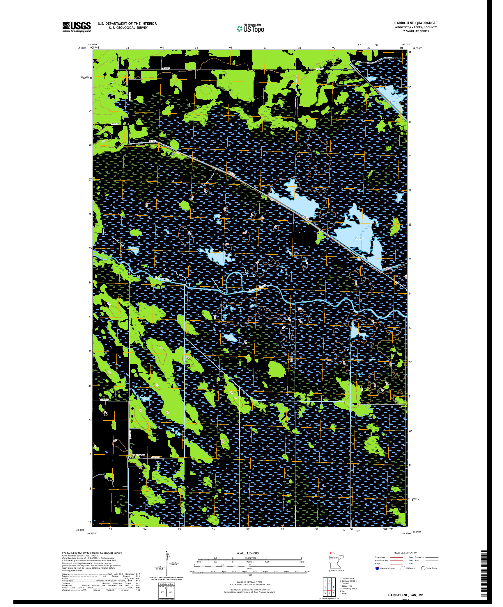 US TOPO 7.5-MINUTE MAP FOR CARIBOU NE, MN,MB