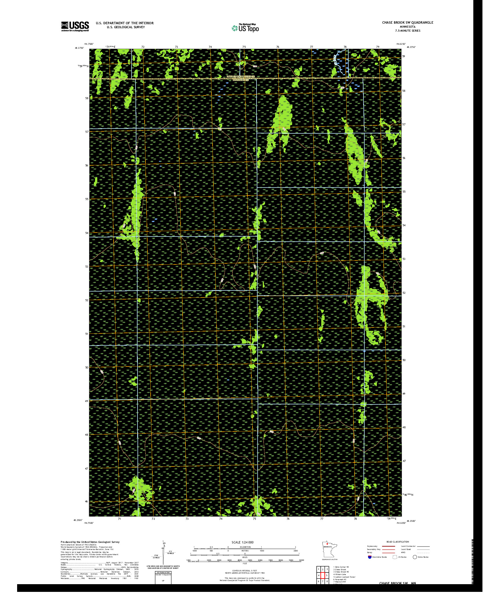 US TOPO 7.5-MINUTE MAP FOR CHASE BROOK SW, MN