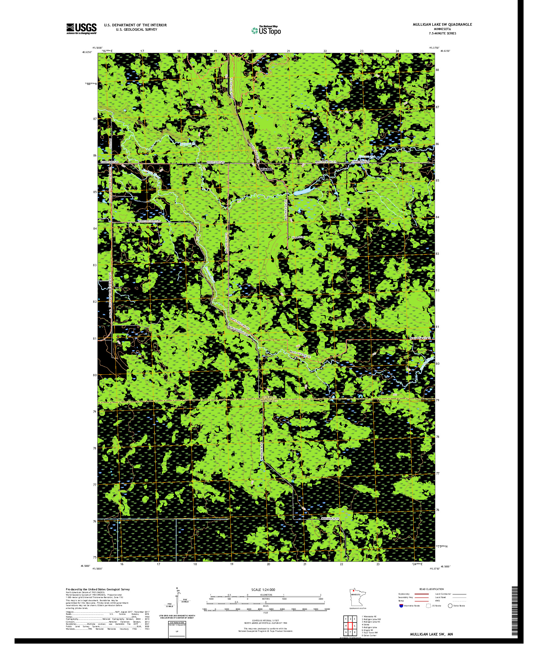 US TOPO 7.5-MINUTE MAP FOR MULLIGAN LAKE SW, MN