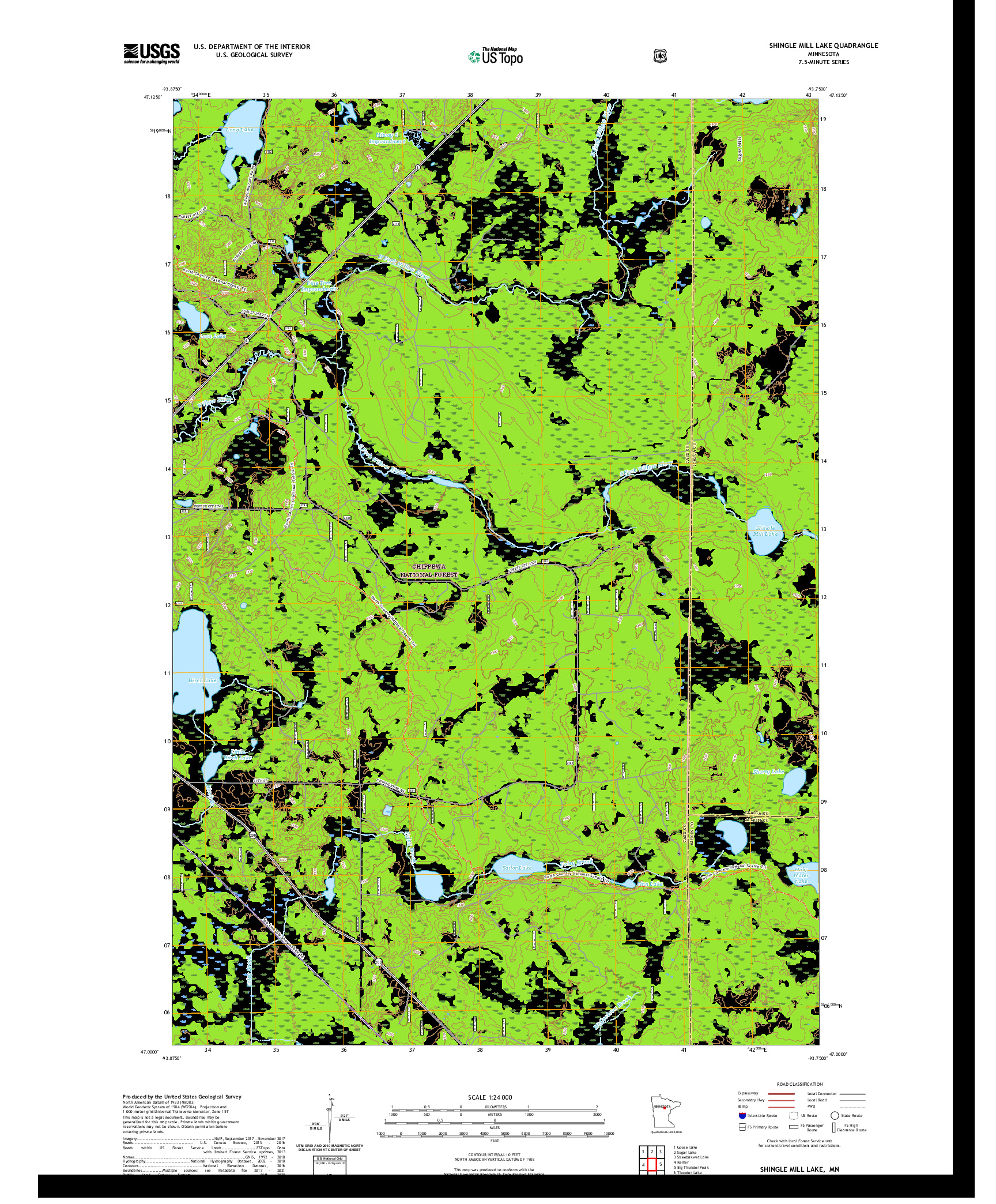 US TOPO 7.5-MINUTE MAP FOR SHINGLE MILL LAKE, MN