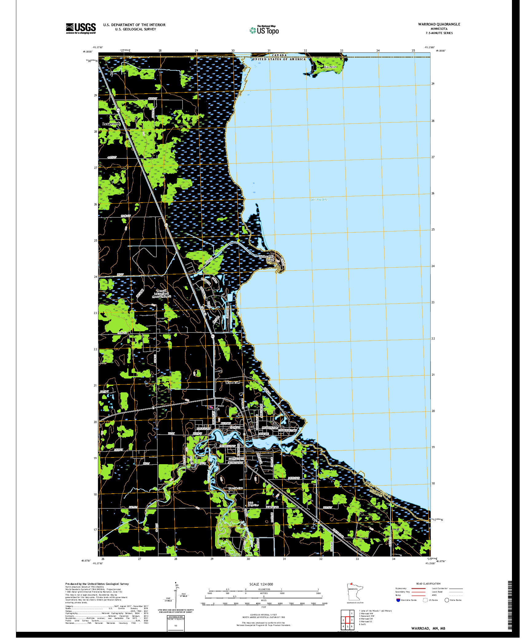 US TOPO 7.5-MINUTE MAP FOR WARROAD, MN,MB